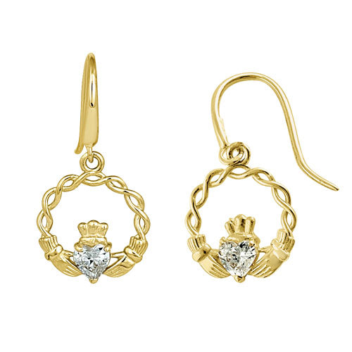 14K Solid Yellow Gold Claddagh CZ Hook Earrings for Women - Irish Celtic Jewelry Gift for Her, Wedding, Anniversary & Everyday Wear