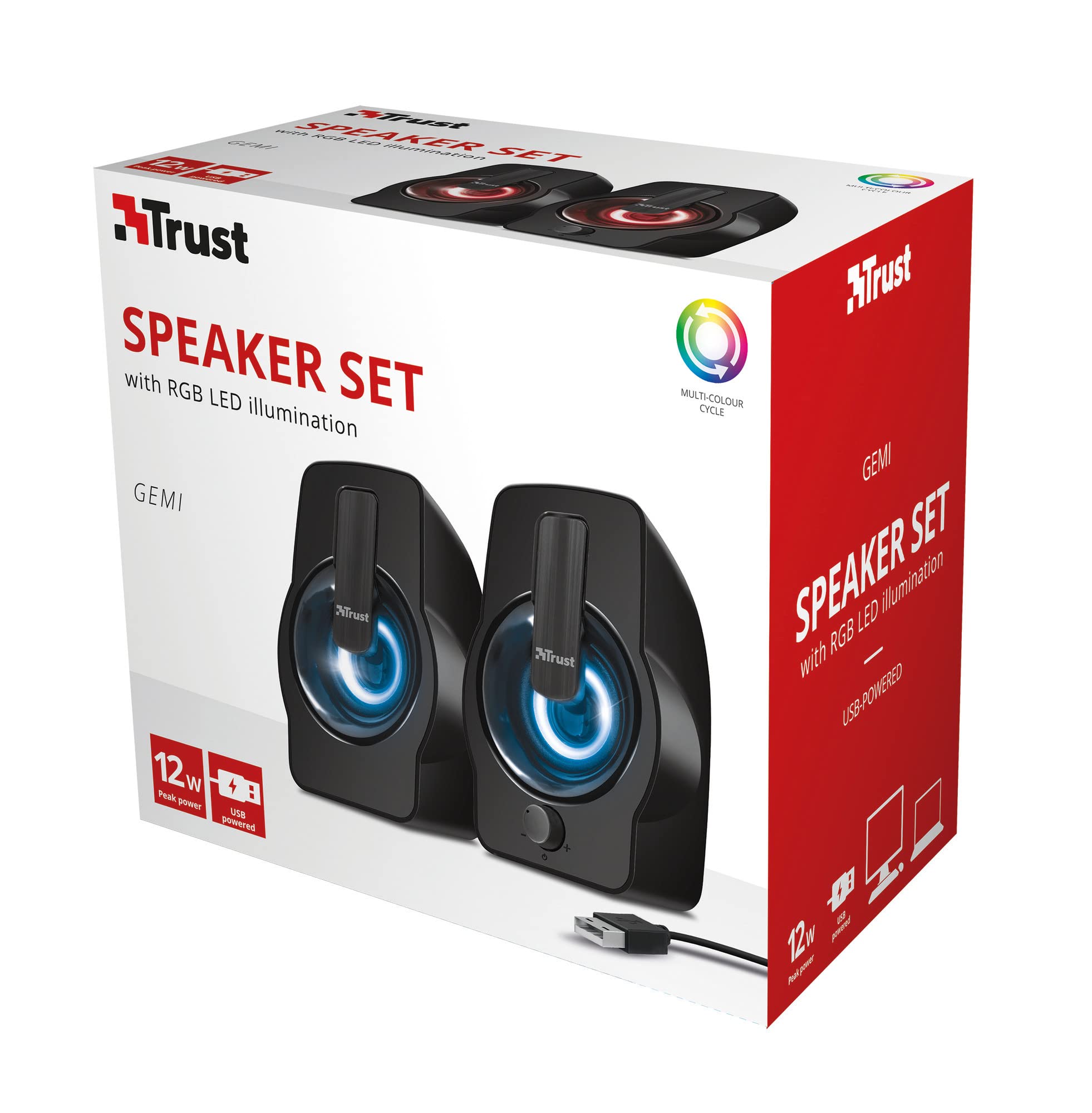 Trust Gemi RGB LED 2.0 PC Gaming Speakers - 12W USB Powered Computer Sound System with Colorful Illumination for Desktop & Laptop (Black) - Perfect for Gaming Setups, Home Office & Multimedia Entertainment