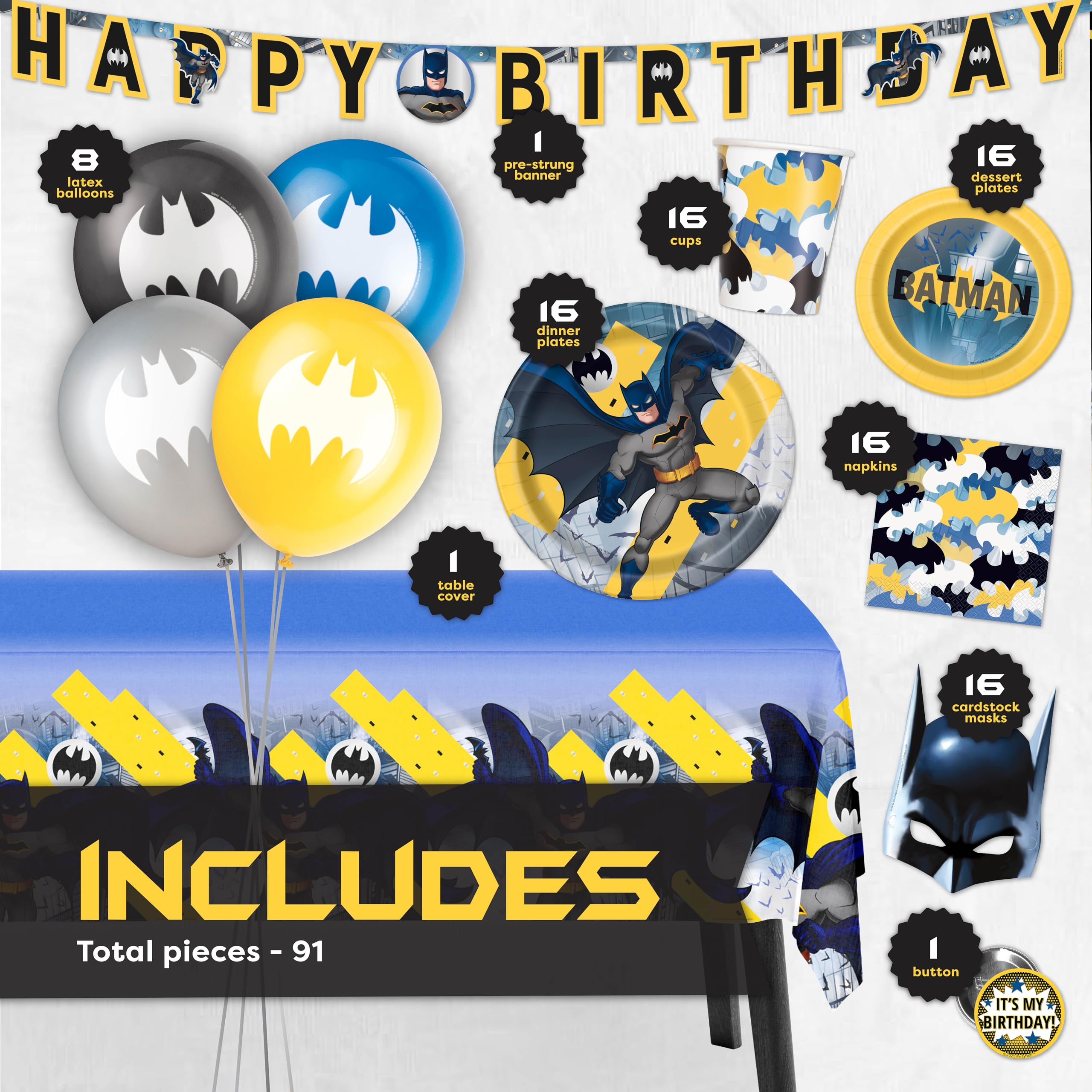 Batman Birthday Party Supplies & Decorations Kit - Balloons, Banner, Table Cover, Masks, Plates, Cake Plates, Napkins, Cups, Buttons | Perfect for Superhero Themed Birthday Parties, Kids Celebrations & Batman Fan Events