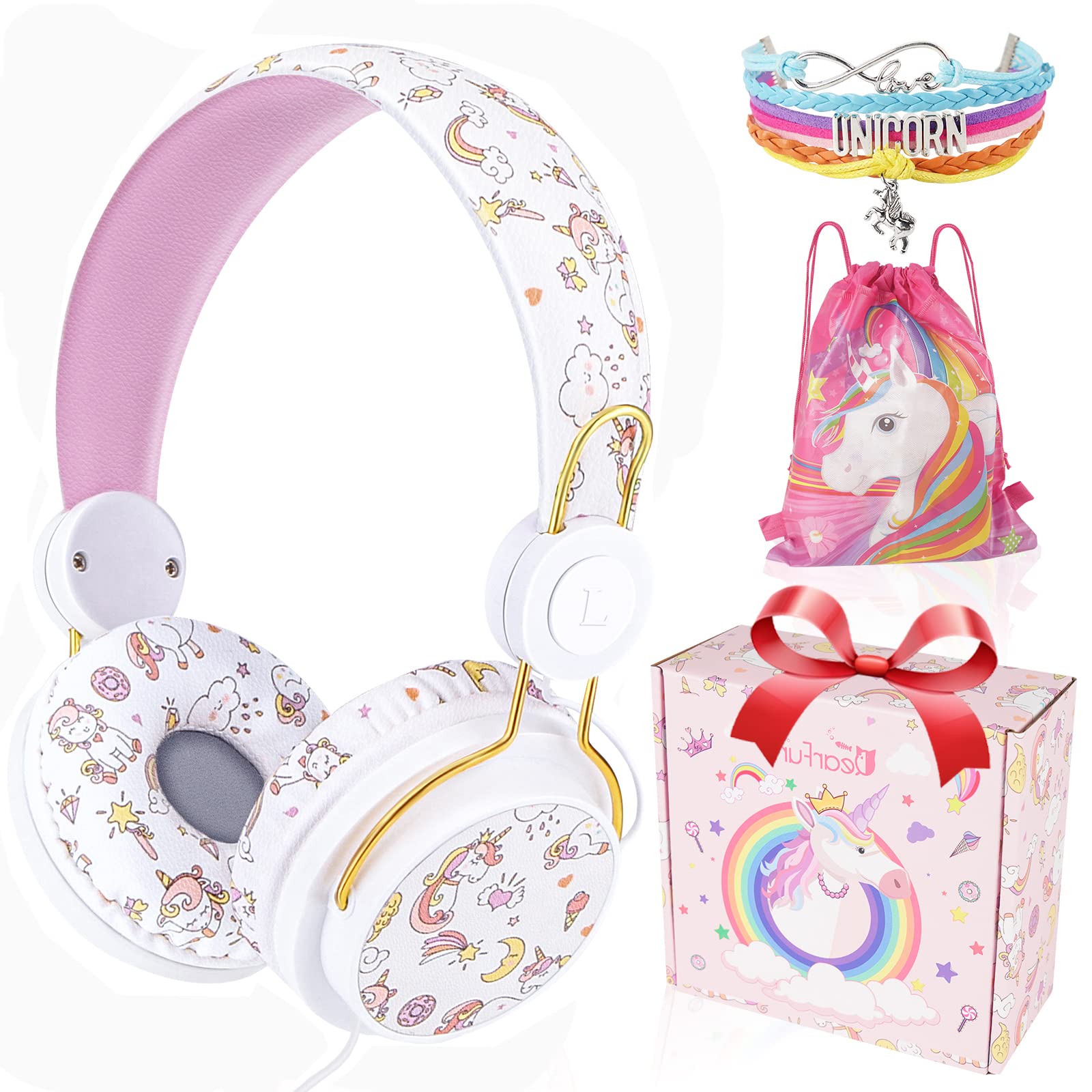 Best Kids Headphones with Microphone - Adjustable Over-Ear Wired Headphones for Boys & Girls, Cute Unicorn Design, Safe Volume Control for School, Travel, iPad, Kindle & Fire Tablet (White) - Perfect for Learning, Gaming & Airplane Rides