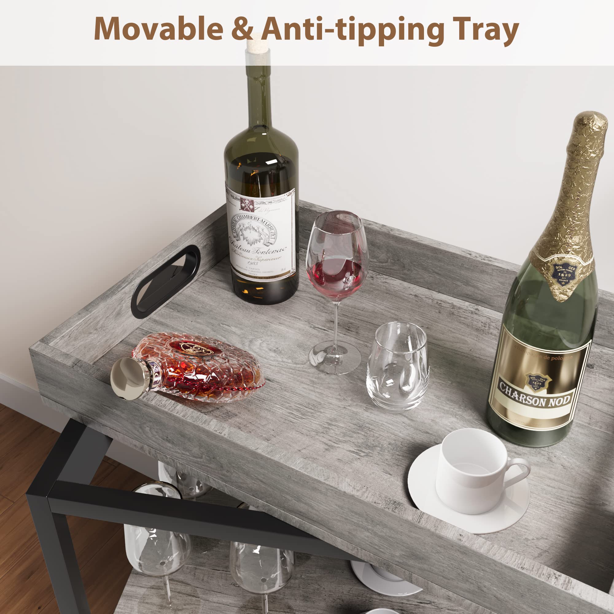 GARVEE 3-Tier Rolling Bar Cart with Wine Rack & Locking Wheels - Grey | Mobile Serving Cart for Kitchen, Dining Room & Outdoor Entertaining