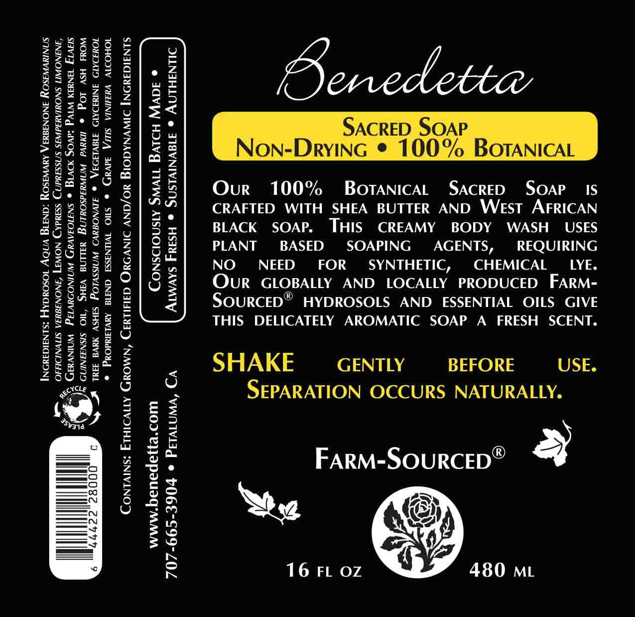Benedetta Natural Sacred Soap - Lye-Free Body Wash, Cleanser & Moisturizing Bath Gel with Fair-Trade Shea Butter & West African Black Soap for Dry & Sensitive Skin – 16 fl oz Fresh Scent – Perfect for Daily Shower, Spa Day & Gentle Skin Care Routine