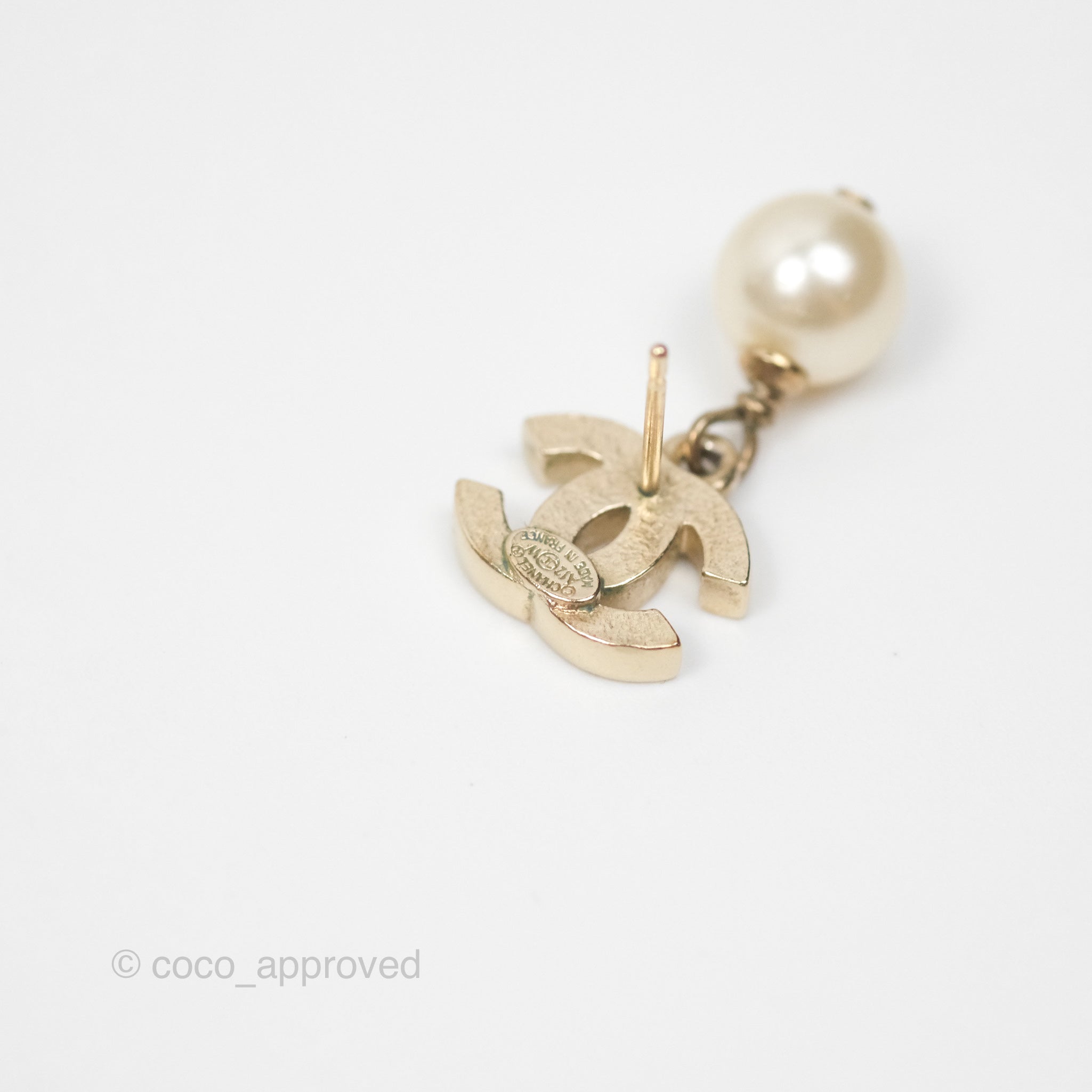 Chanel CC Pearl Drop Earrings - Gold Tone 12W Elegant Fashion Jewelry for Women | Perfect for Parties, Weddings & Special Occasions