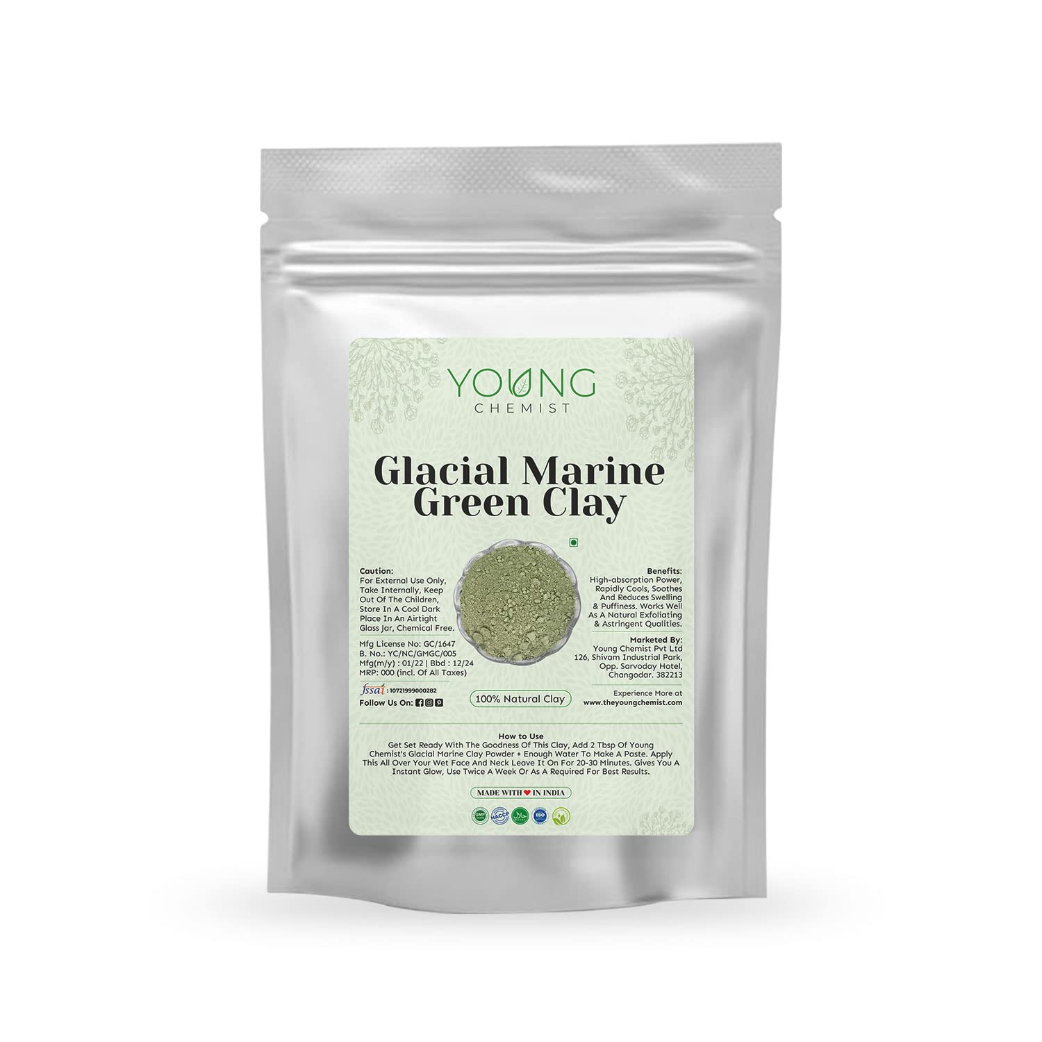 Organic Vegan Glacial Marine Green Clay Powder - 100% Natural, Paraben-Free for Face, Body & Hair Care - All Skin Types - 100g | Detoxifying Mask, Skin Brightening, Acne Treatment & Hair Growth