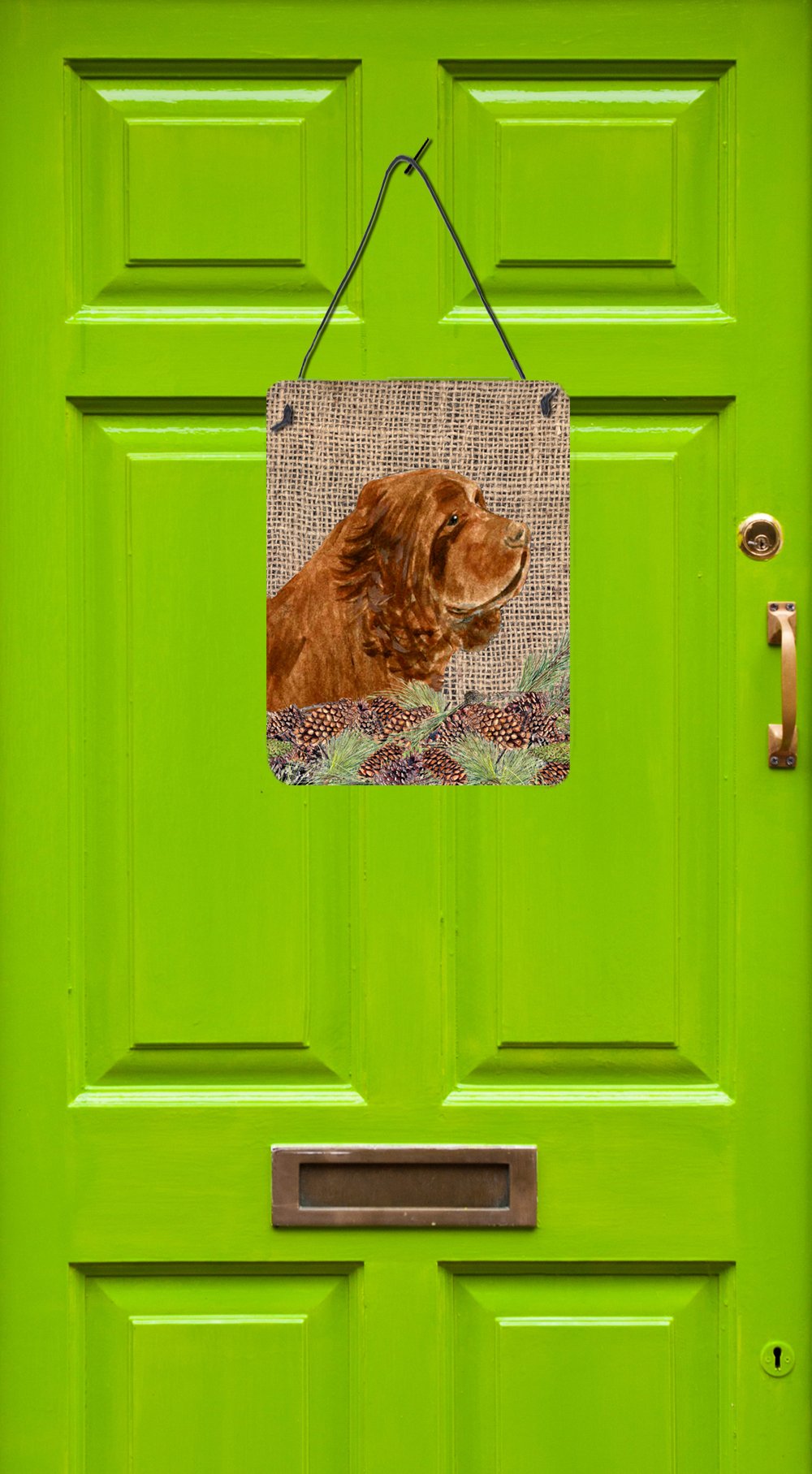 Sussex Spaniel Dog Wall Art - 12x16 Aluminum Metal Sign with Faux Burlap & Pine Cones Design for Kitchen, Bathroom, Bar Decor | Rustic Front Door Hanging Plaque | Perfect for Pet Lovers & Country Home Decor