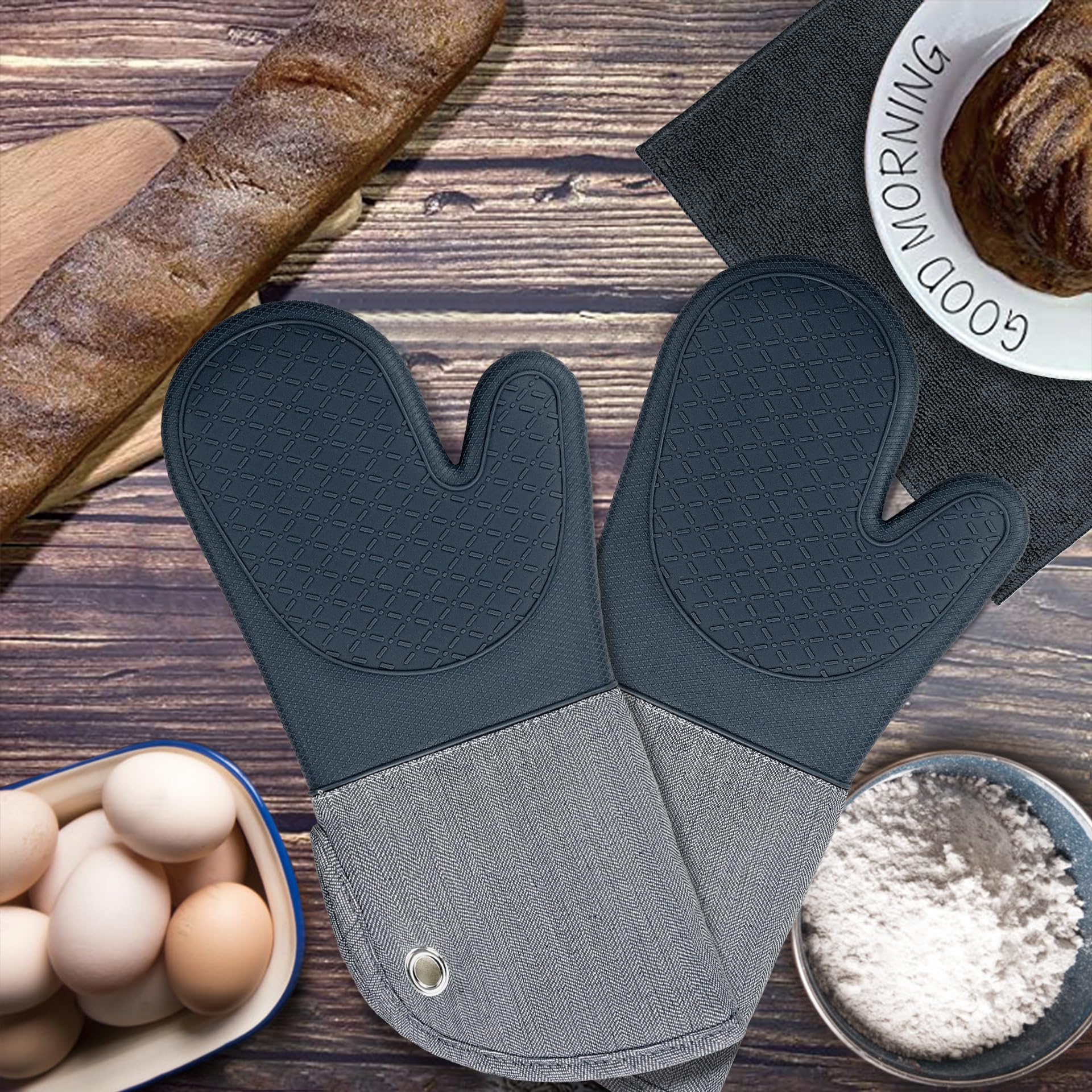 **Heat Resistant Microwave Silicone Oven Mitts (500°F) – Pair of Non-Slip Kitchen Gloves for Baking, BBQ, Cooking & Pot Handling – Gray**    *(Perfect for Grilling, Baking, Roasting & Handling Hot Dishes Safely!)*