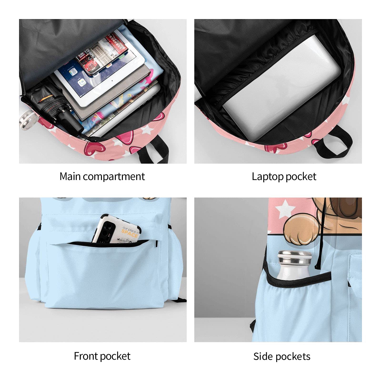 **Delerain 17 Inch Laptop Backpack - Cute Cartoon Pug Dog Design, School Bookbag & Casual Daypack for Men & Women - Perfect for School, Work, Camping, Hiking, Picnic, Beach & Travel**
