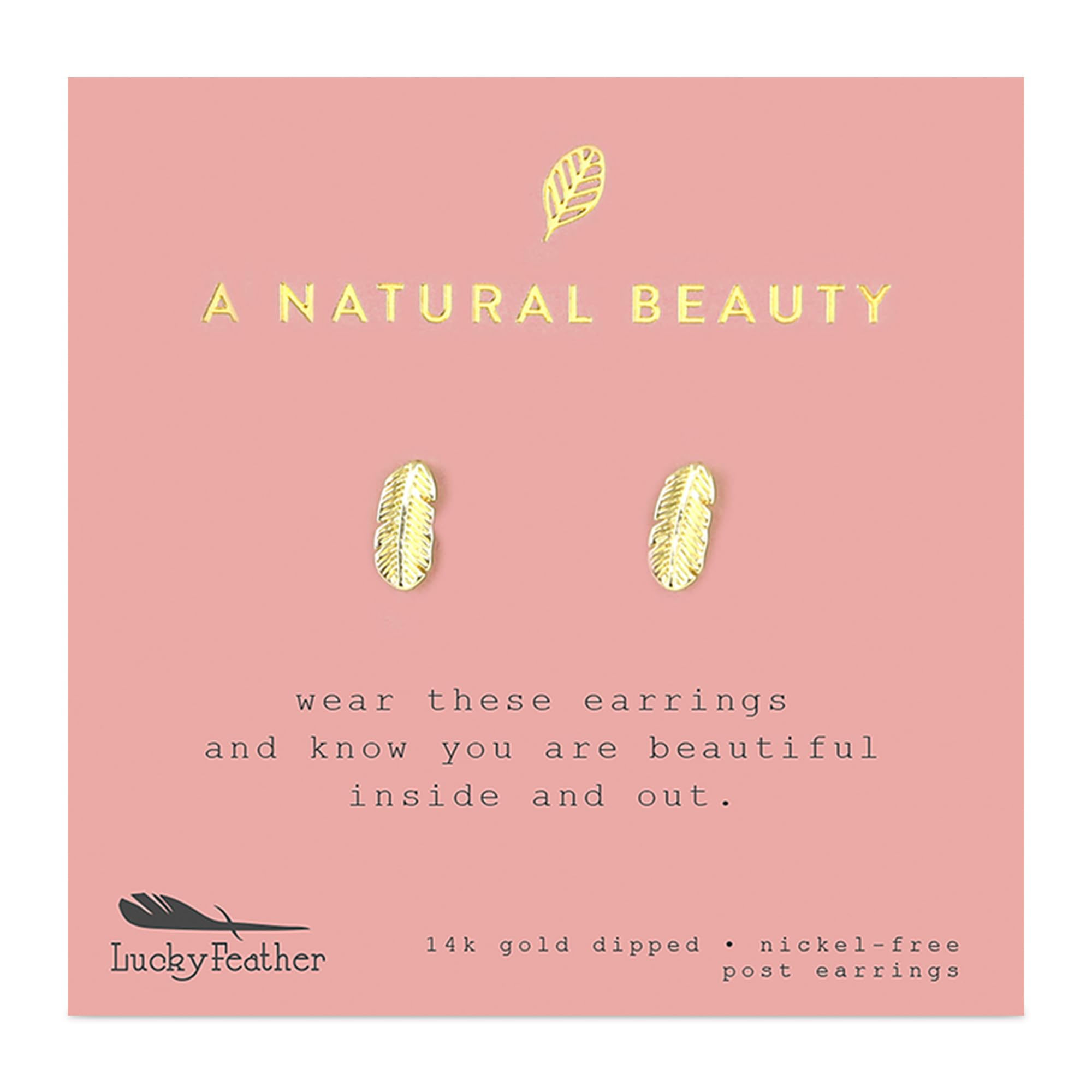 14k Gold Dipped Lucky Feather Small Stud Earrings for Women & Teens | Hypoallergenic Post Earrings with Sentimental Gift Card | Perfect for Everyday Wear, Birthdays & Special Occasions