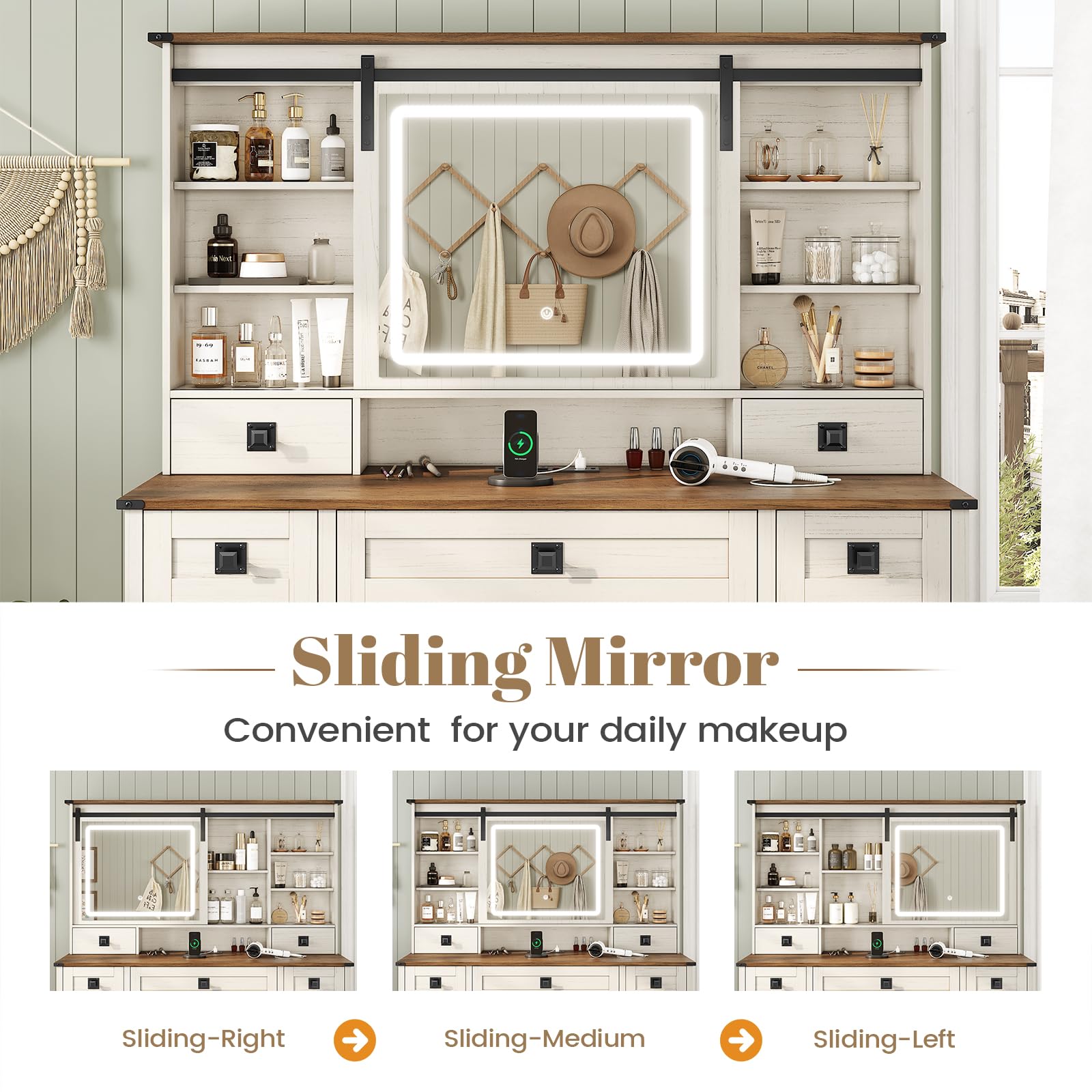 AOGLLATI Farmhouse Vanity Desk with Mirror & LED Lights - Large White Makeup Vanity Table with USB Charging Station, Ample Storage & Sliding Mirror - Perfect for Bedroom, Dressing Room & Bridal Makeup (Antique White)