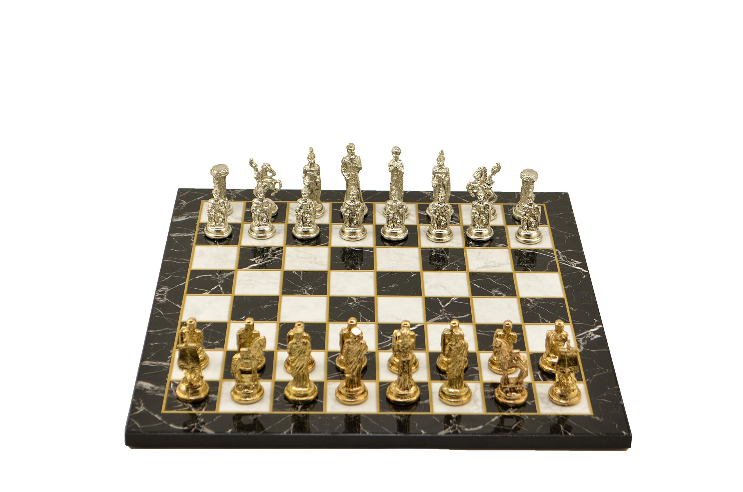 Handmade Metal Chess Set for Adults - Historical Troy vs Spartan Figures with Unique Wooden Chess Board (Black Marble) | Perfect for Home Decor, Game Nights & Collector's Display
