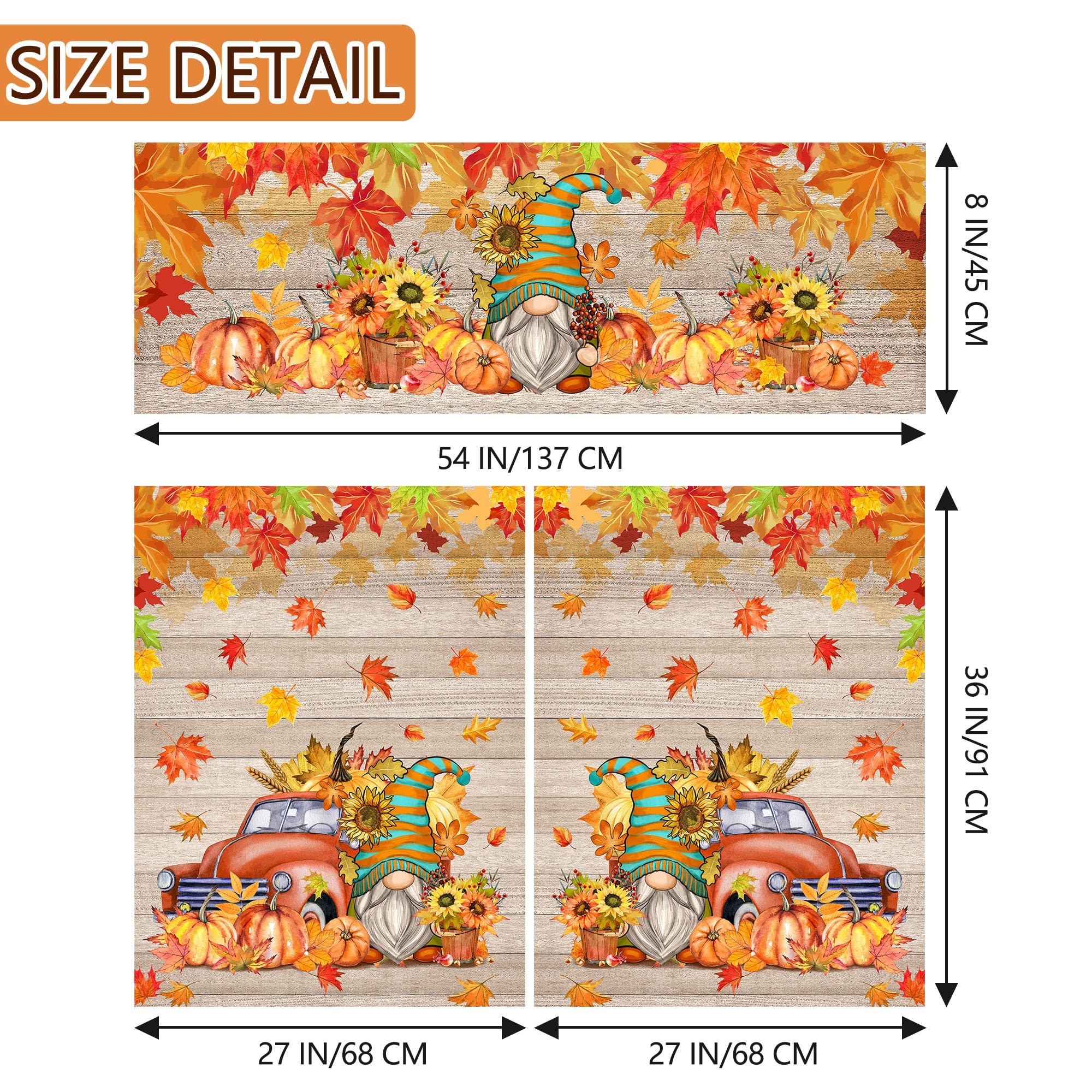 Fall Kitchen Curtains Set of 3 - Farmhouse Gnome, Truck & Pumpkin Harvest Window Curtains 36 Inch Length - Thanksgiving Home Decor for Cozy Autumn Kitchen
