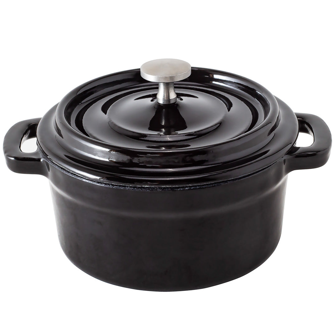8 oz Enameled Cast Iron Mini Casserole Dish - Round Black Dutch Oven with Stainless Steel Knob (5.25
