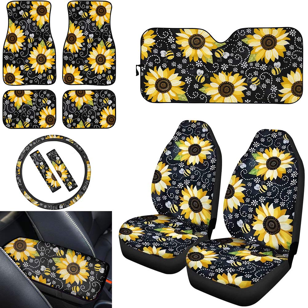 UNICEU Sunflower with Bees Car Accessories Set - Universal Front Seat Covers, Floor Mats, Steering Wheel Cover, Armrest Cover, Seat Belt Pads & Windshield Sunshade for Most Vehicles | Perfect for Summer Road Trips & Car Interior Decoration