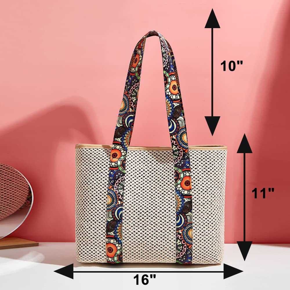 Stylish Straw Beach Bag for Women - Handmade Woven Rattan Tote with Canvas Shoulder Strap | Perfect for Vacation, Summer Outings & Poolside Relaxation