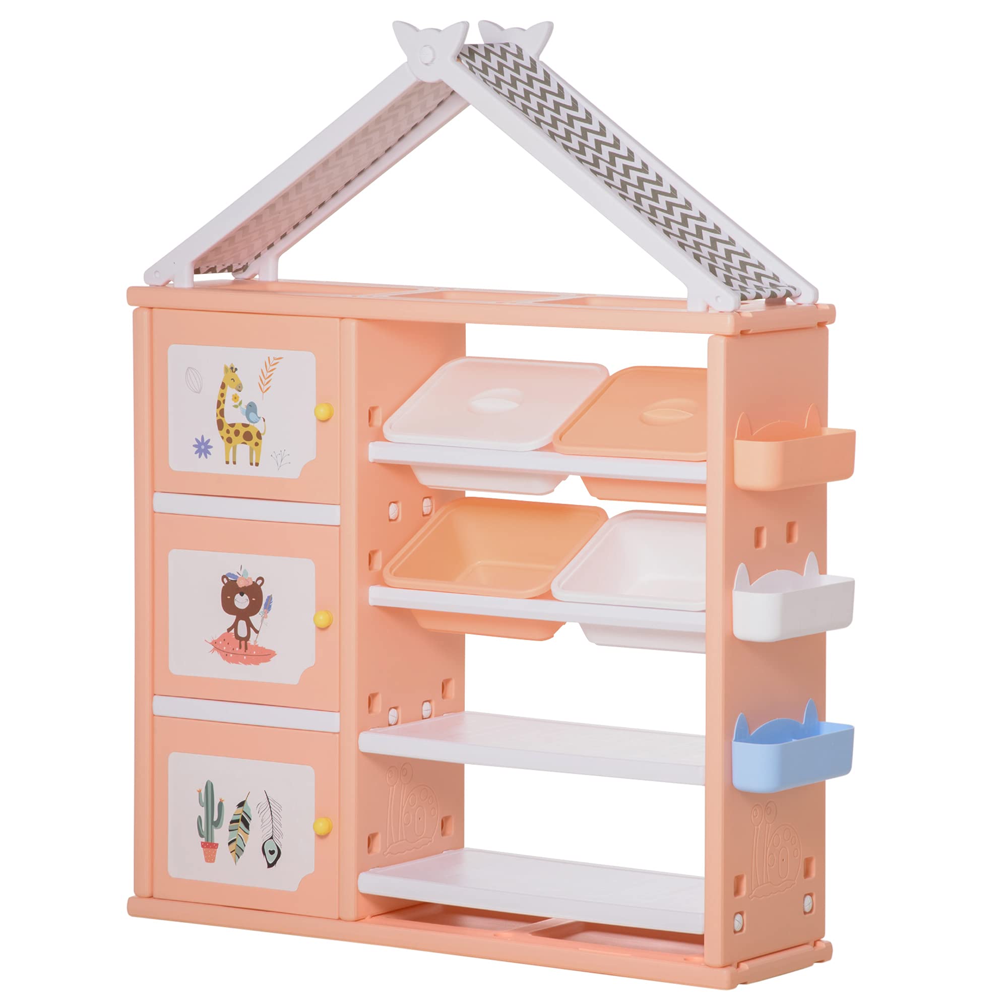 Qaba Kids Toy Storage Organizer with 4 Bins - 4-Tier Bookshelf & Cabinet for Kids Room, Nursery, Playroom - Durable Orange Toy Shelf for Organizing Toys, Books & Games