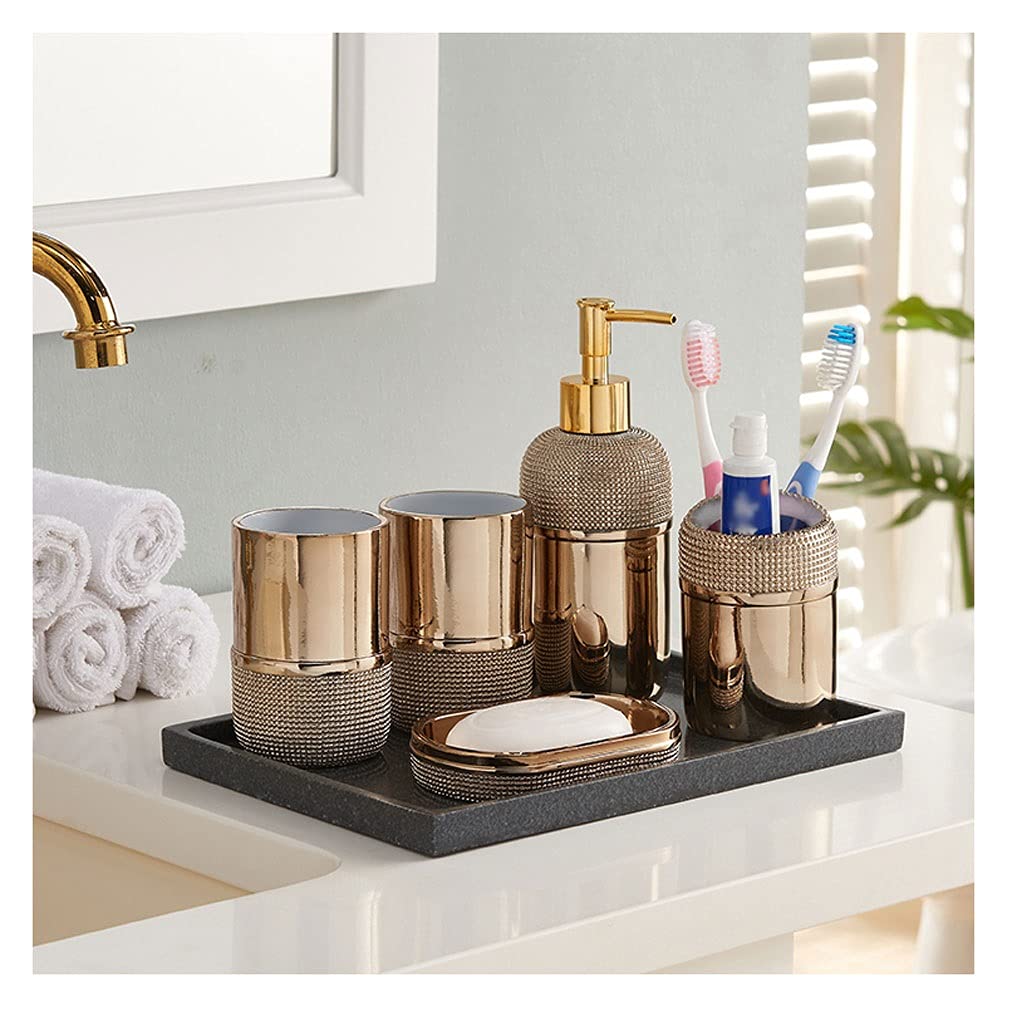 Luxury 6-Piece Gold-Plated Bathroom Set - Soap Dispenser, Toothbrush Holder, Tumbler, Soap Dish & Tray | Elegant Bathroom Organization for Home, Hotel & Spa Decor | Empty Press Pump Bottles (Gold)