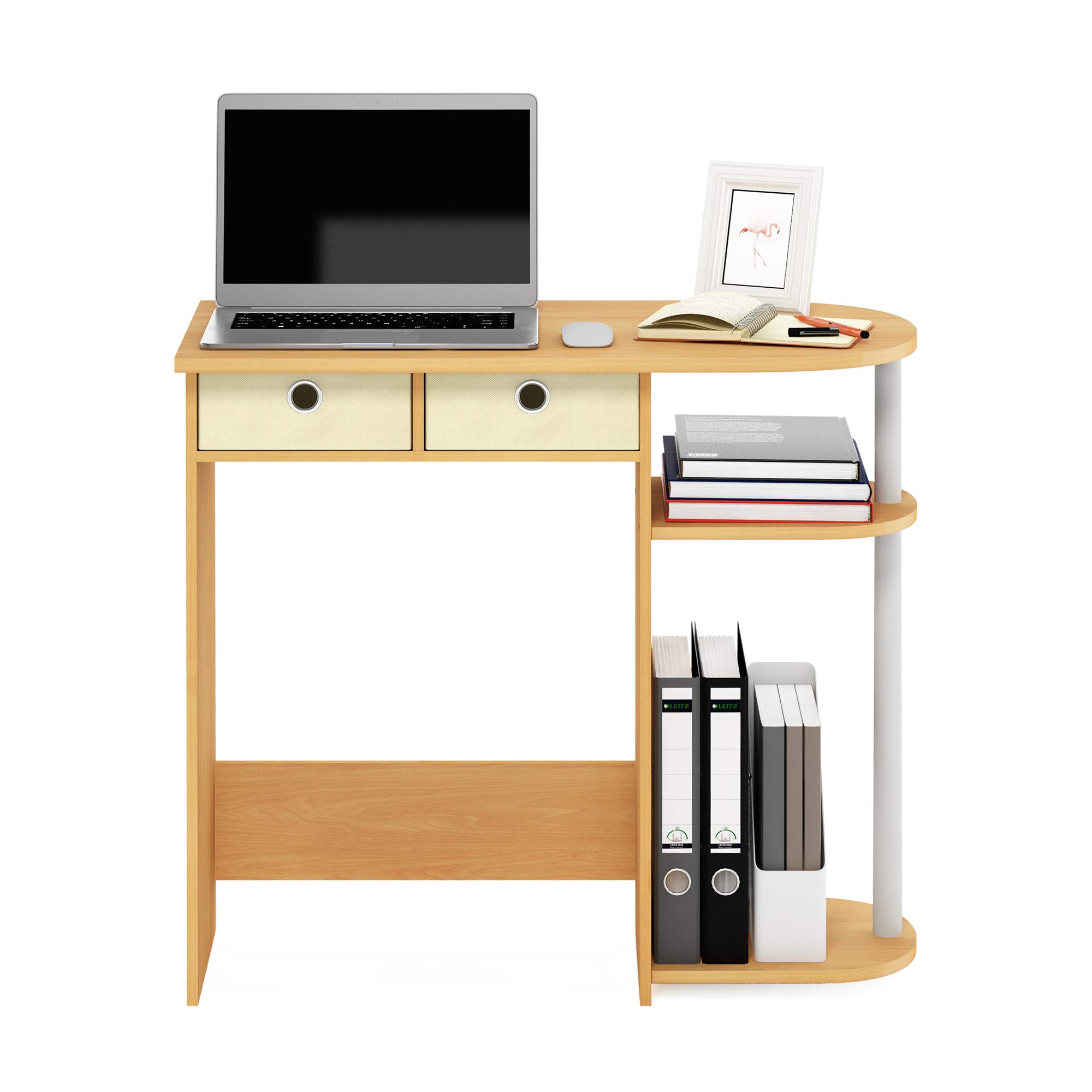 Eco-Friendly Laptop Desk with 2 Storage Drawers - Beech/Ivory/White Computer Table for Home Office & Small Spaces | Compact Workstation for Remote Work & Study
