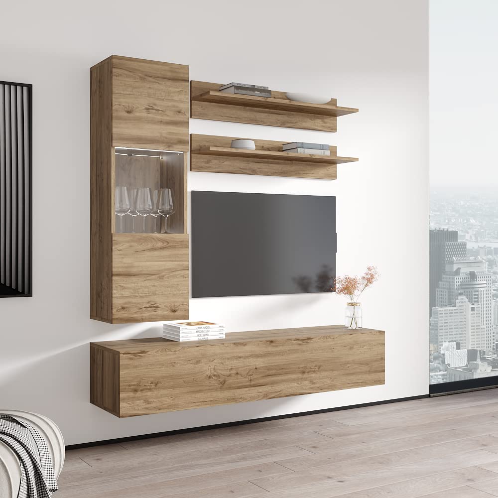 Modern Oak Floating TV Stand with Storage & LED Lights - Wall-Mounted Entertainment Center for Bedroom & Living Room - H3 30TV Console with Shelves - Perfect for Small Spaces & Home Theater Setup