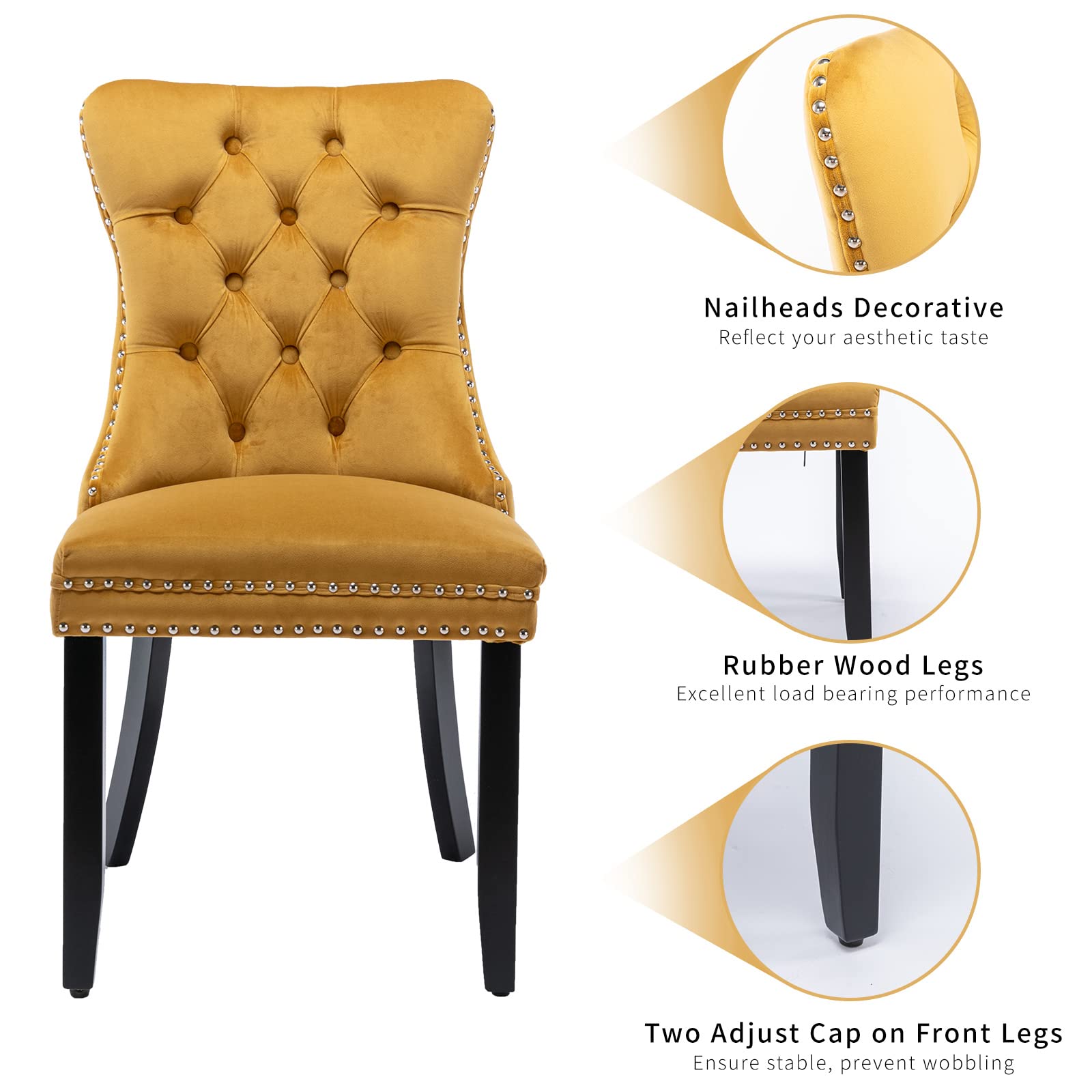 Luxury Gold Velvet Dining Chairs Set of 2 - Modern Tufted Upholstered Kitchen & Dining Room Chairs with Solid Wood Frame (Golden Yellow) - Perfect for Home Decor, Restaurant, Wedding & Event Seating