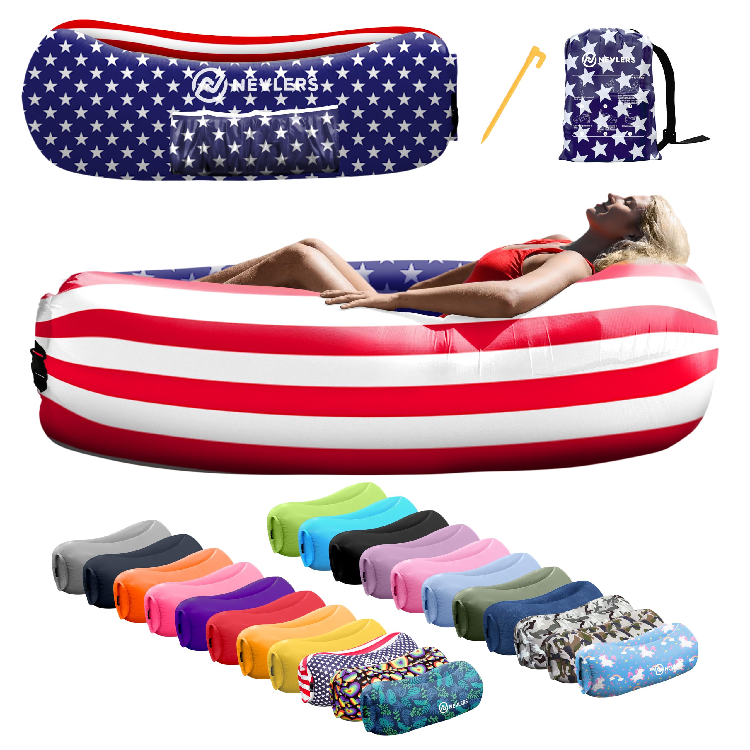 Nevlers Inflatable Lounger - 210T Polyester Portable Air Sofa Bed with 450 lbs Capacity, No Pump Needed, Built-in Pockets & Carry Bag - Perfect for Camping, Beach, Poolside, Backyard & Indoor Use - Inflatable Couch for Adults and Kids