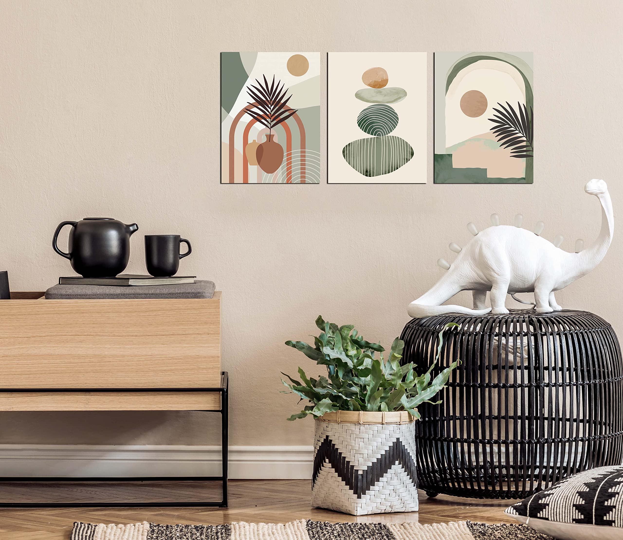 Boho Wall Art Decor Set of 3 - Green Canvas Paintings for Bedroom, Living Room & Office - 16x12 Inch Framed Ready to Hang Abstract Nature Artwork - Perfect for Home Decor, Housewarming Gifts & Interior Design