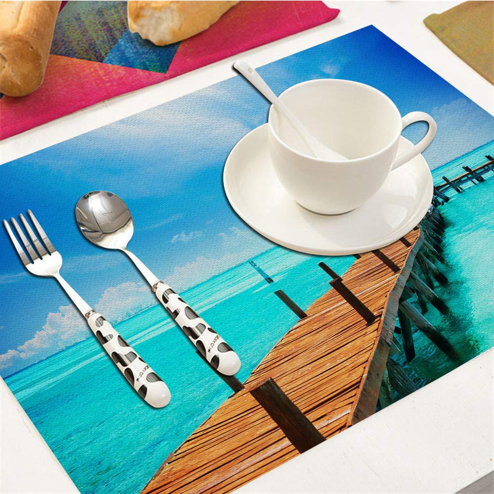 Premium Maldives Tropical Island Placemats Set of 4 - Ocean Blue Heat-Resistant Non-Slip Dining Table Mats 18x12 Inches - Perfect for Beach-Themed Parties, Summer Dining, and Coastal Home Decor