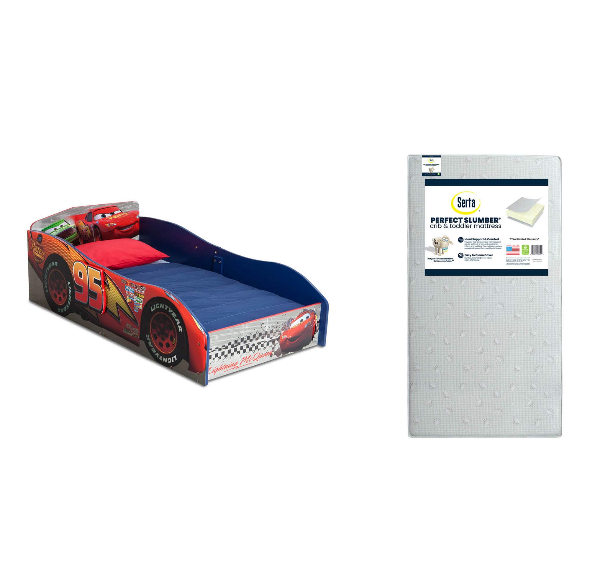 **Delta Children Disney/Pixar Cars Wood Toddler Bed with Serta Perfect Slumber Dual-Sided Crib Mattress – Bundle for Kids' Room & Nursery Decor**    *(Use Case: Perfect for toddlers transitioning from crib to bed, featuring fun Disney/Pixar Cars design and eco-friendly mattress for safe, comfortable sleep.)*