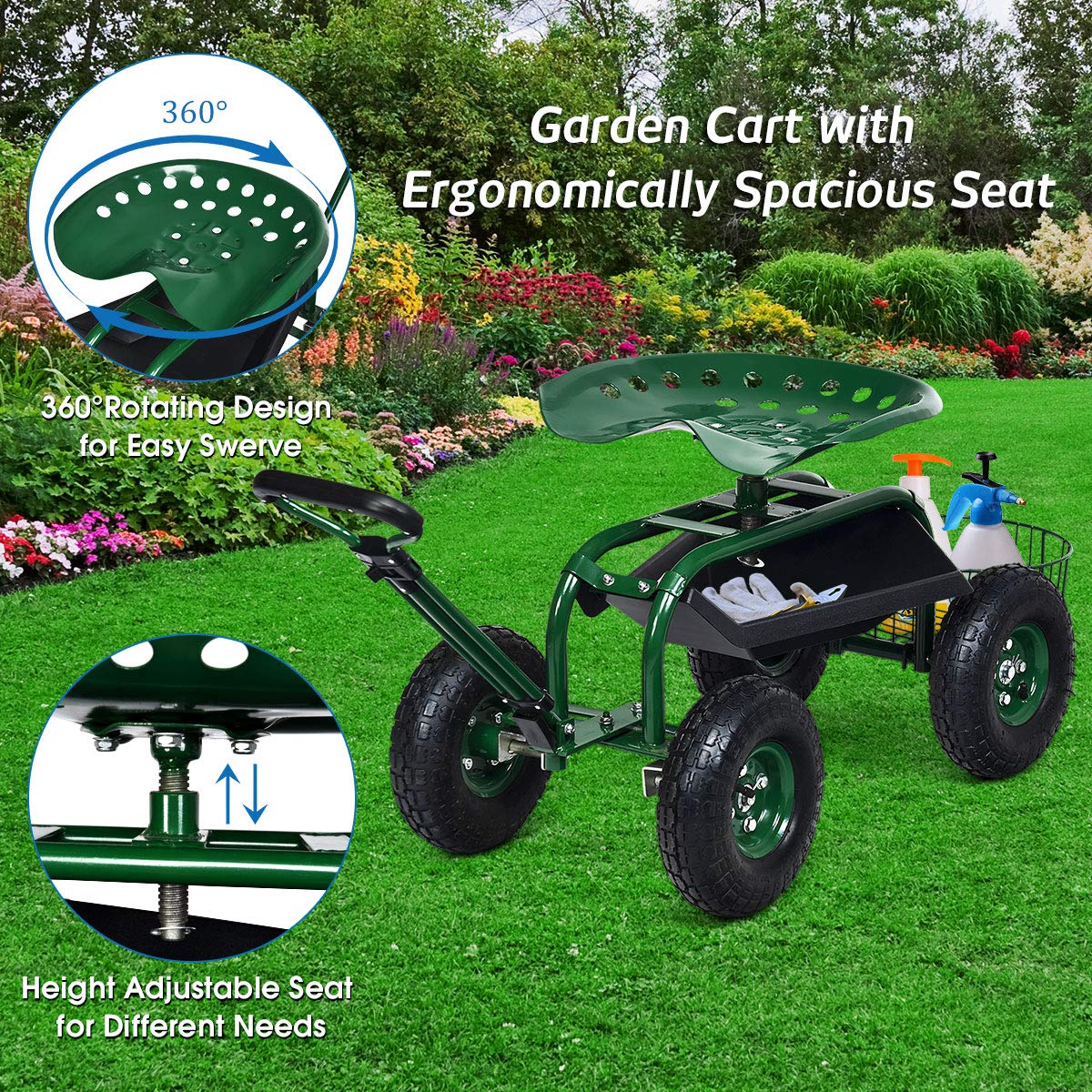 Heavy Duty Garden Cart with Seat & Wheels - Planting & Gardening Work Cart