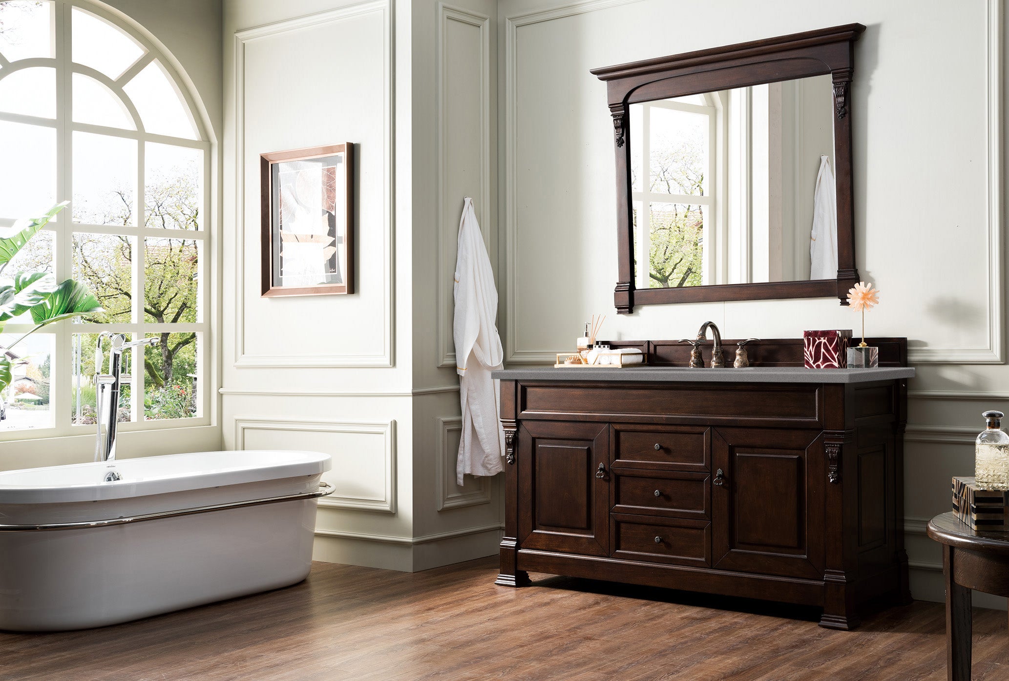 **Brookfield 60-Inch Single Bathroom Vanity with Burnished Mahogany Finish & 3CM Grey Expo Quartz Top – Perfect for Modern Master Bathrooms & Guest Suites**