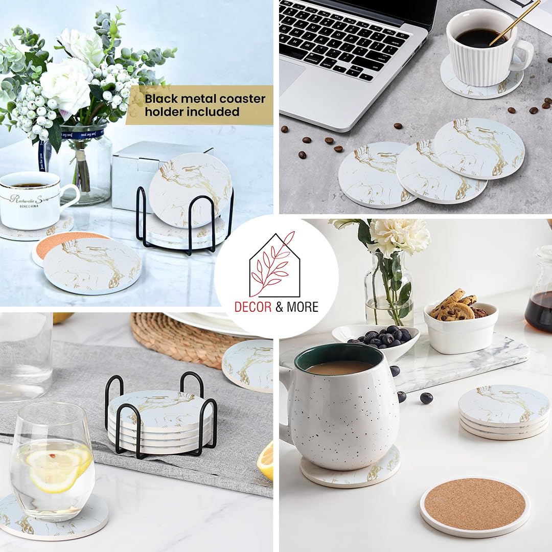 Premium Ceramic Coasters Set of 6 - Marble Design with Cork Base & Metal Holder | Elegant Drink Coasters for Coffee, Tea & Dining Tables | Perfect for Home Decor, Office Use & Gift Giving