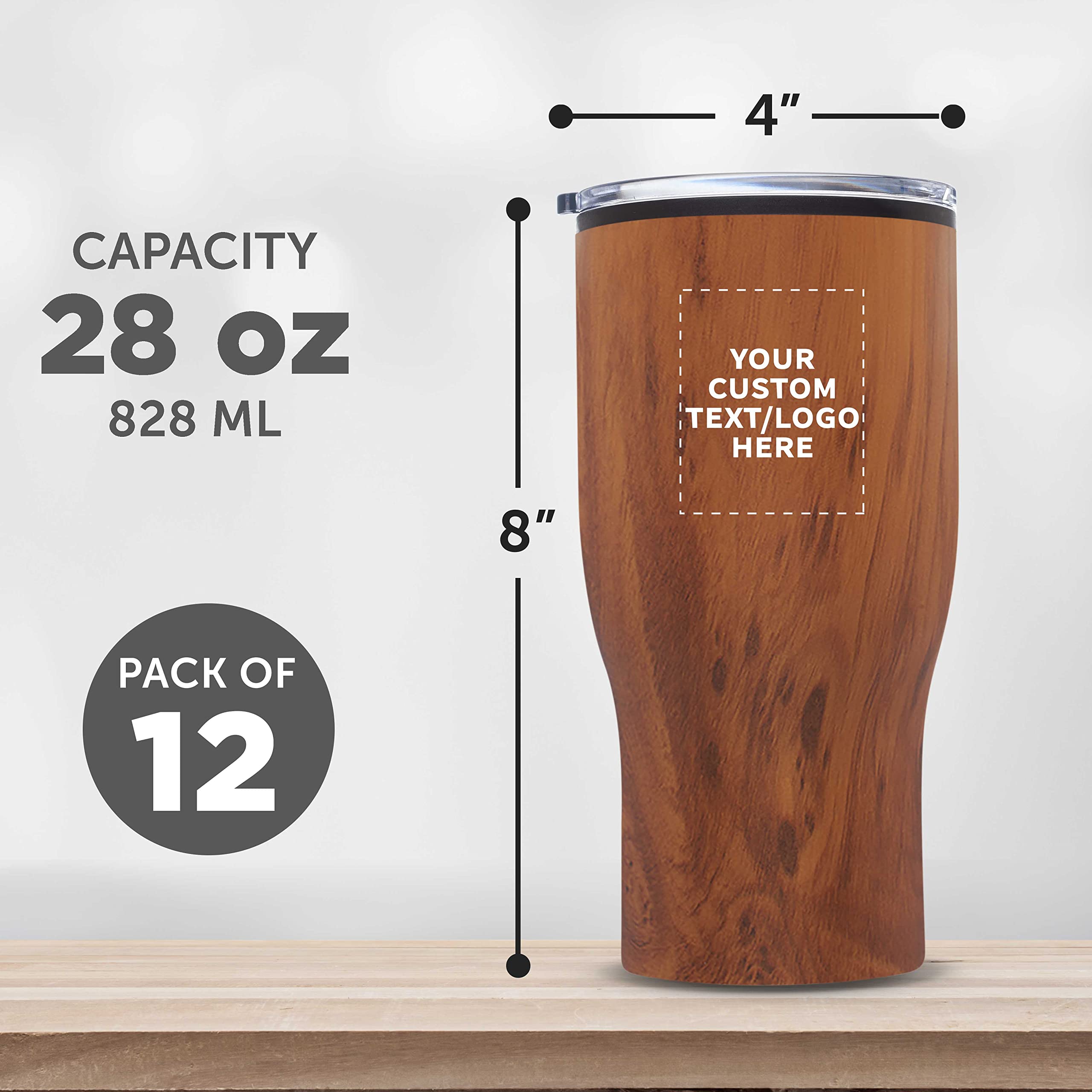 Challenger 28 oz Custom Stainless Steel Travel Mugs - Set of 12 Personalized Bulk Pack - Insulated Coffee & Beverage Cups for Hot & Cold Drinks - Wood Grain Design - Perfect for Office, Camping, Travel & Gifts