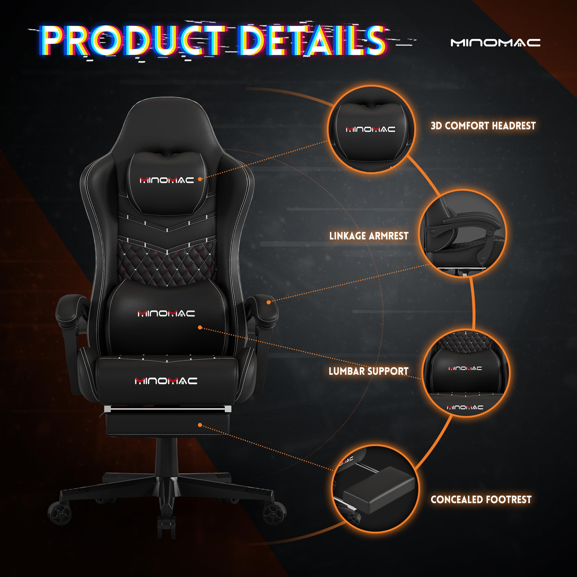 Premium Ergonomic Gaming Chair with Adjustable Footrest & 155° Recline - High Back Office Chair with Headrest & Lumbar Support for Adults & Kids (All Black) - Perfect for PC Gaming, Home Office & Streaming Setup