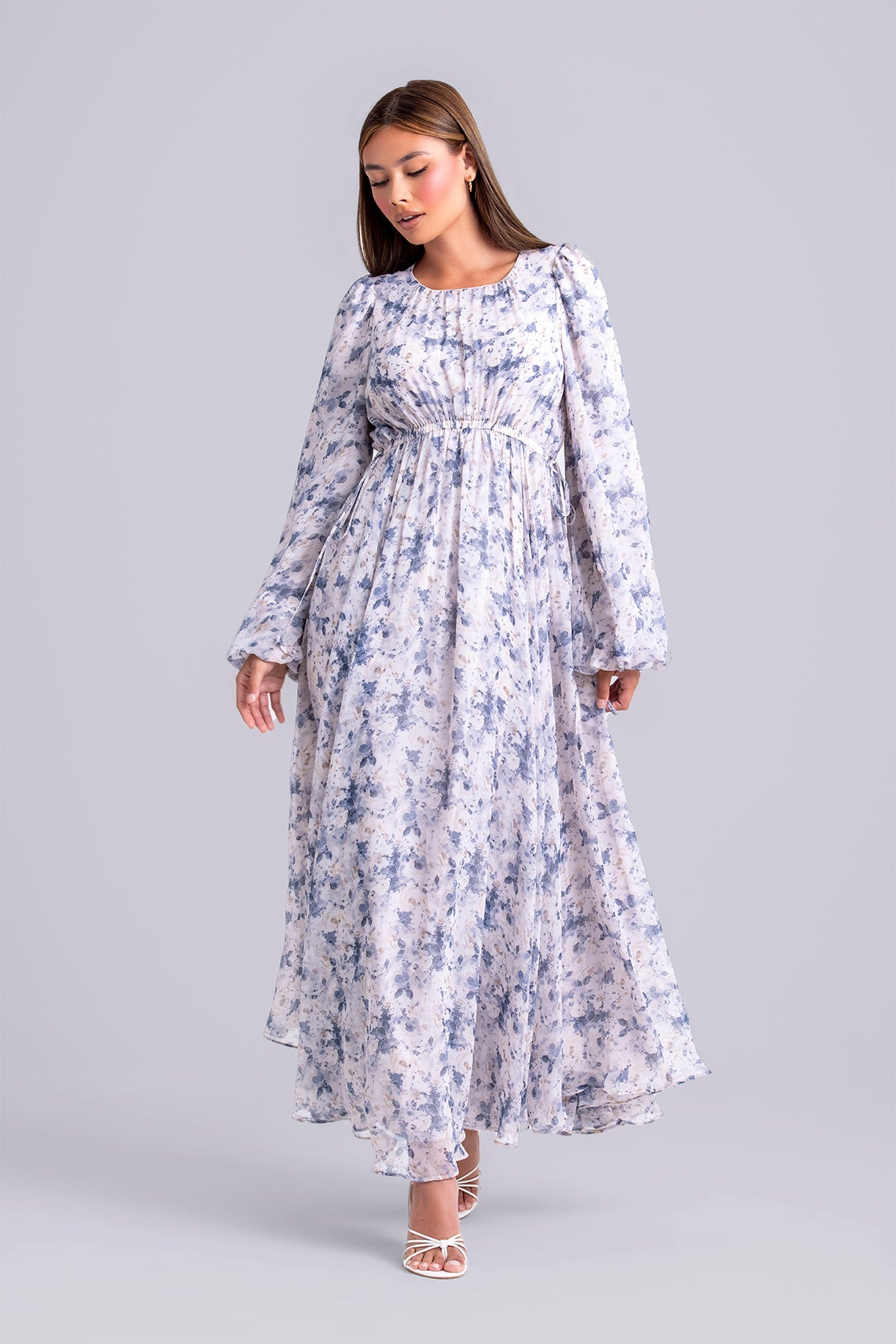 Lara Floral Long Sleeve Maxi Dress - Indigo Bouquet Flowy Summer Dress for Women | Beach Wedding, Vacation, Boho Chic Outfit