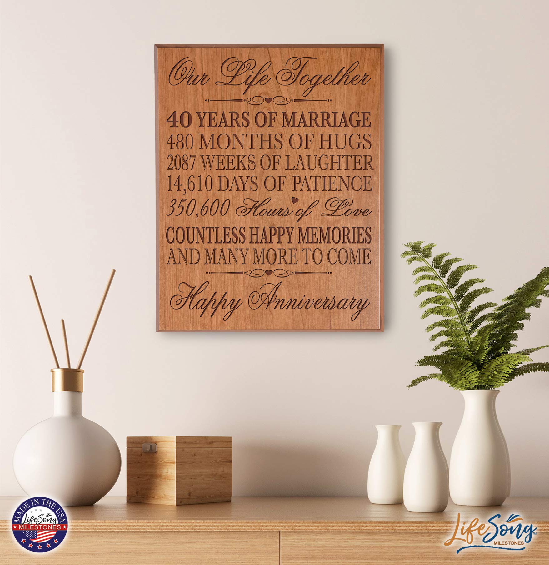 LifeSong Milestones 40th Wedding Anniversary Wall Plaque - Elegant Cherry Wood Plaque for Couples (12