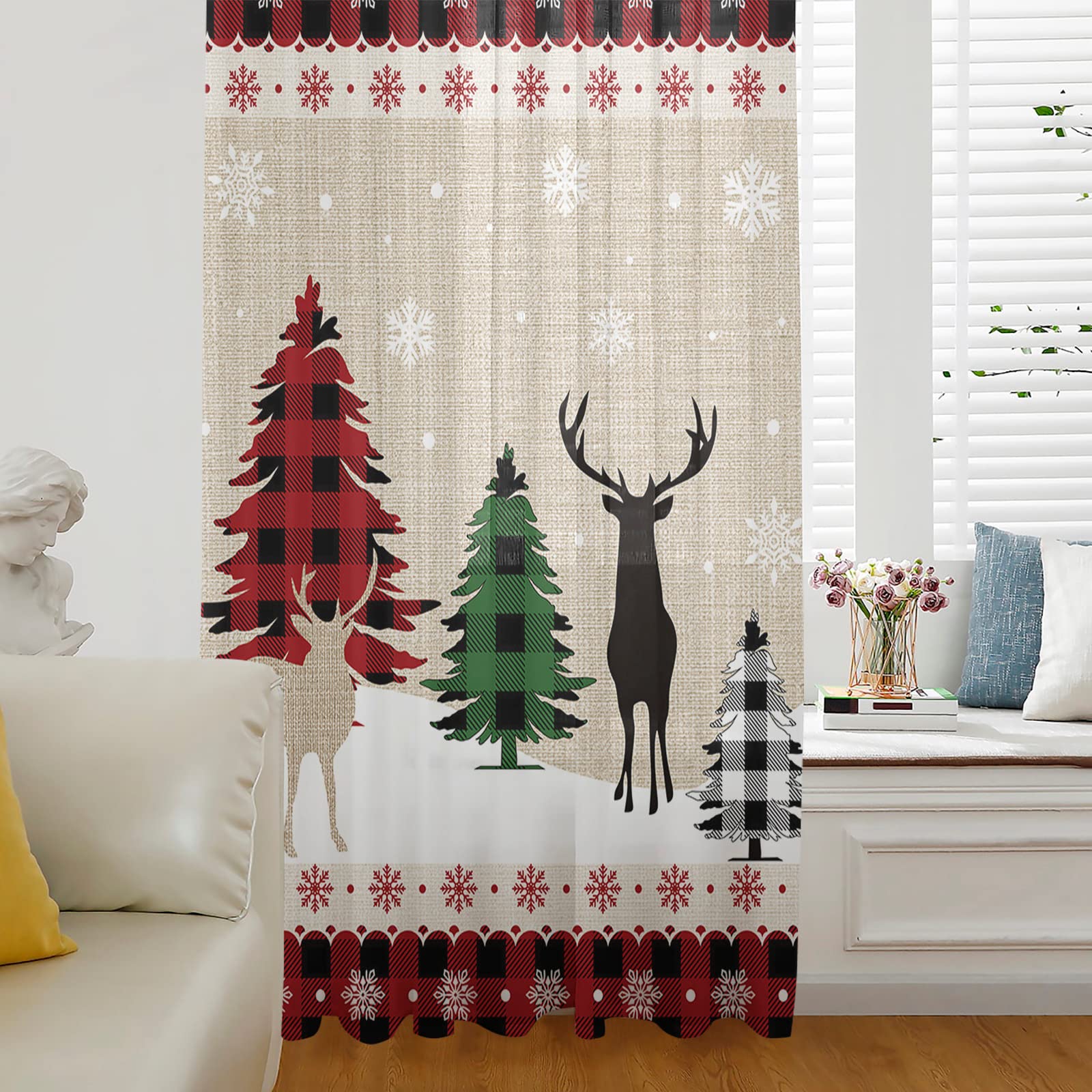 Christmas Elk Semi-Sheer Voile Curtains - 1 Panel Red Black Plaid Xmas Tree Snowflake Burlap Rod Pocket Tulle Drapes (52x96 Inch) for Bedroom Window Treatments | Holiday Home Decor & Cozy Winter Ambiance