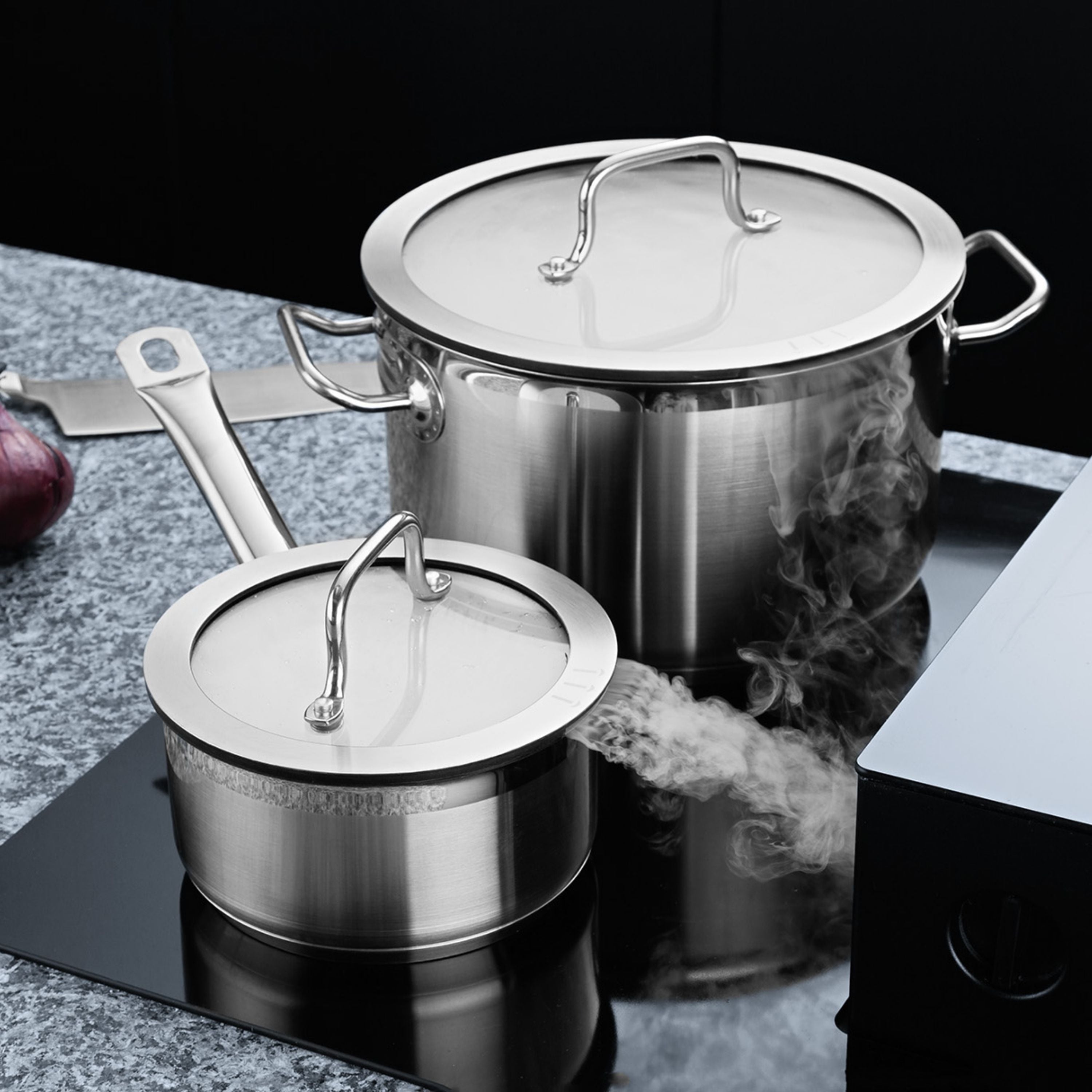 BergHOFF Essentials 7-Piece Downdraft 18/10 Stainless Steel Cookware Set - Premium Kitchen Cookware for Induction, Gas & Electric Stoves - Perfect for Sautéing, Boiling & Frying