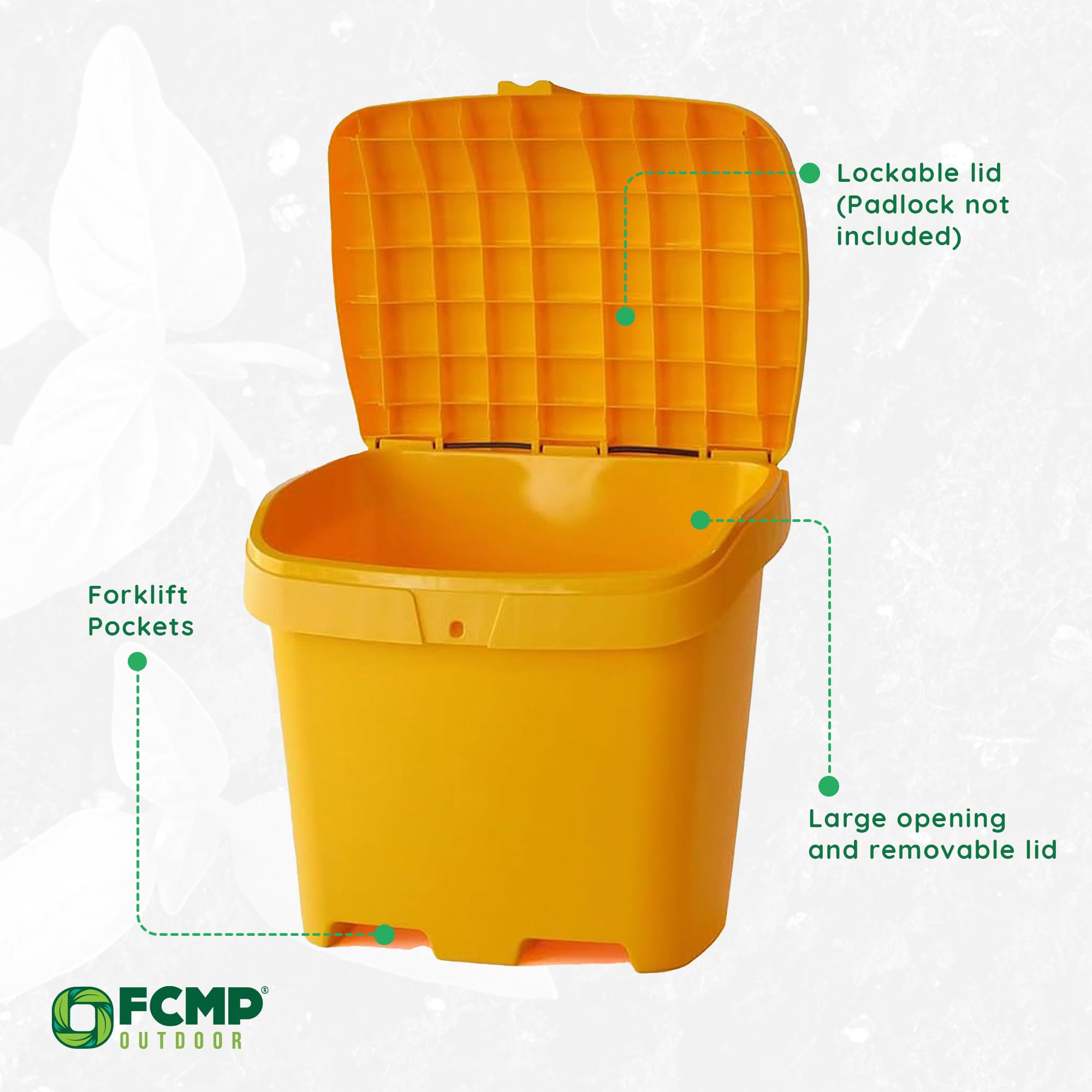 FCMP Outdoor 31 Gallon Heavy-Duty Salt & Sand Storage Box - Weatherproof Deck Container for Patio, Yard & Garage - Bright Yellow for High Visibility - Ideal for Winter Salt Storage & Summer Sand Organization