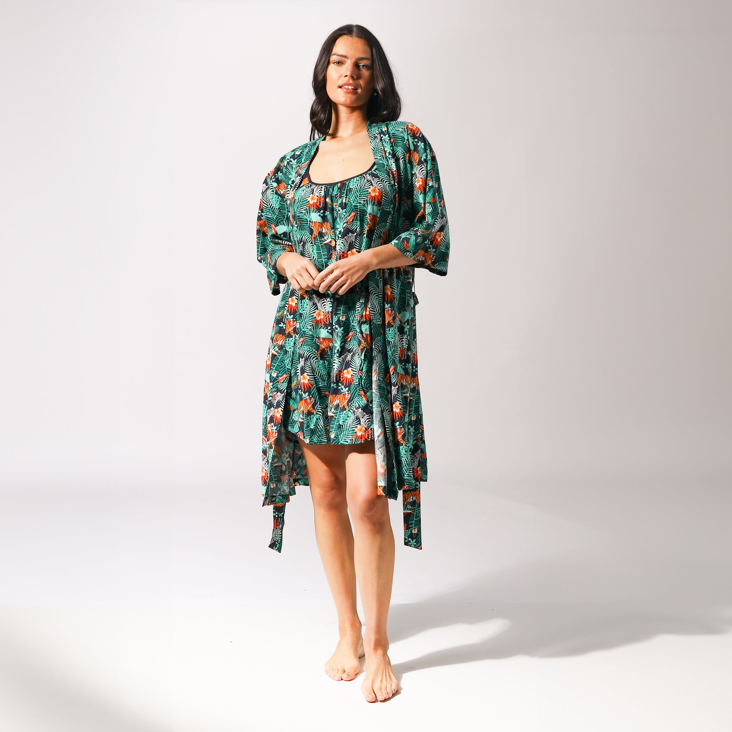 Women's Dark Jungle Woven Robe - Soft Green Loungewear for Spa, Yoga & Relaxation at Home