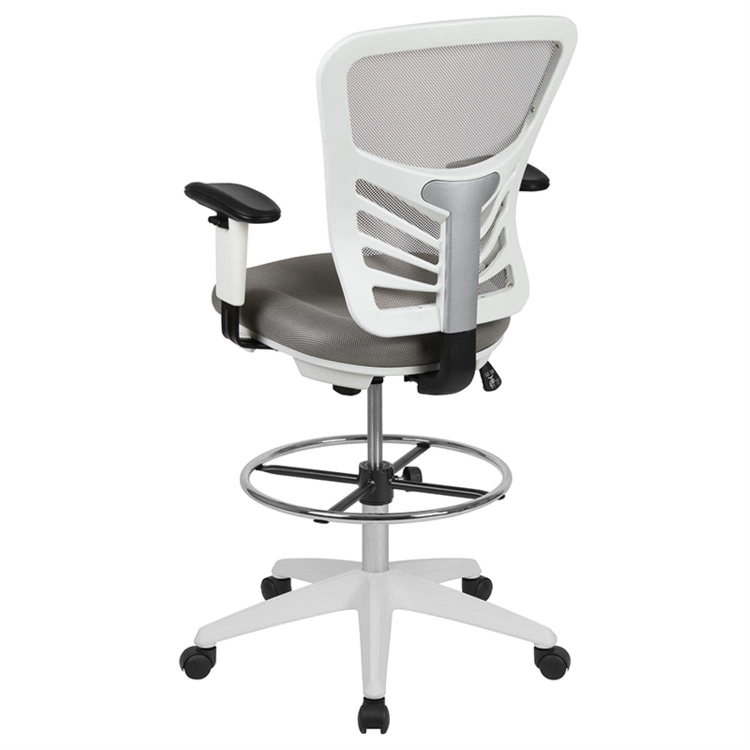 Flash Furniture Tyler Mid-Back Ergonomic Mesh Drafting Chair - Light Gray with Adjustable Arms, Chrome Foot Ring & White Frame - Perfect for Office, Home Studio & Architectural Workstations