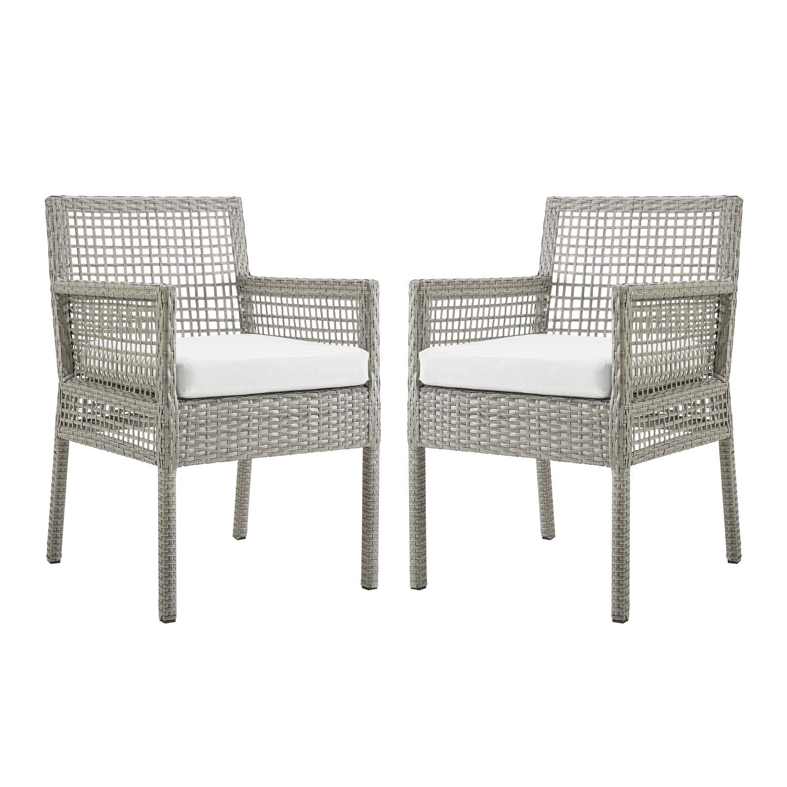 Modern Contemporary Outdoor Patio Rattan Dining Chair Armchair Set of Two, Grey Gray White, Perfect for Garden, Balcony, and Poolside Relaxation