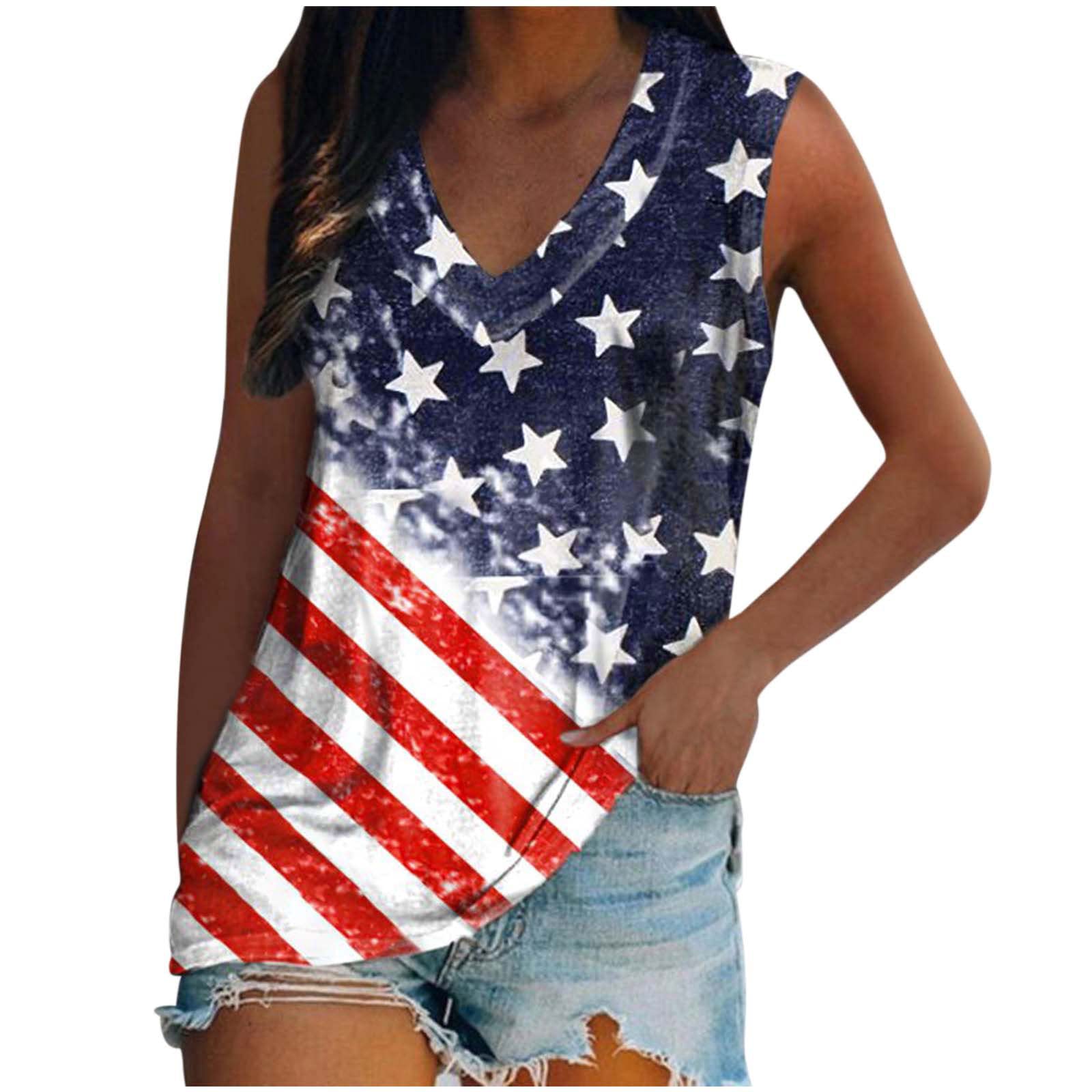 Women's Summer V-Neck Tank Tops - 4th of July Outfits, Cute Sleeveless Loose Fit T-Shirts with Trendy Prints | Casual Wear for Beach, Picnic & Patriotic Celebrations