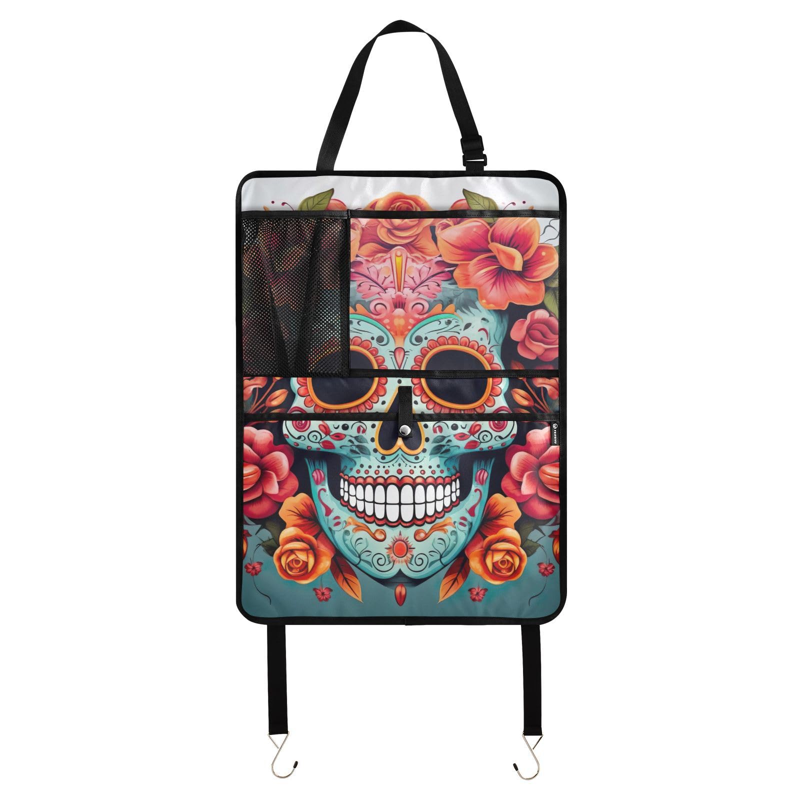 Premium 2-Pack Sugar Skull Floral Car Kick Mats - Durable Back Seat Protector for Kids with 3 Storage Pockets | Universal Fit for Trucks, SUVs & Sedans | Perfect for Road Trips, School Runs & Family Travel