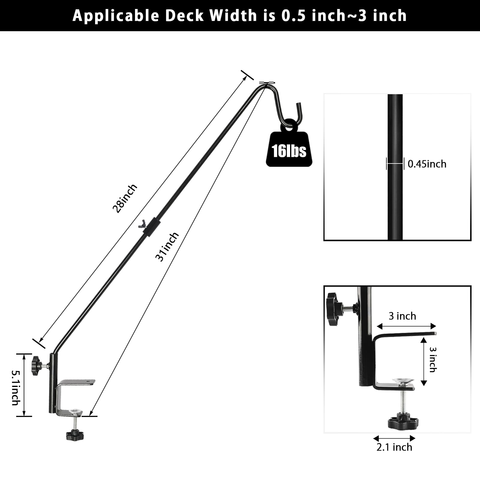 FEED GARDEN 31 Inch Heavy Duty Deck Hook - Non-Slip Clamp with 360° Swivel for Bird Feeders, Planters & Outdoor Decor (2 Pack) | Perfect for Hanging Lanterns, Wind Chimes & Suet Baskets on Porch, Deck or Garden