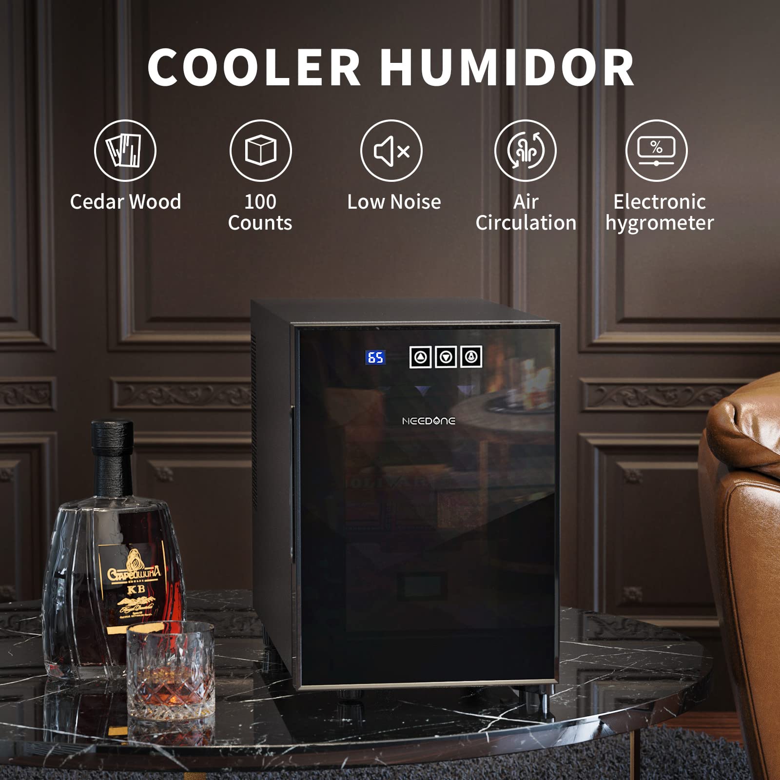 NEEDONE 16L Electric Cooler Humidor for 100 Cigars - Spanish Cedar Wood Drawer & Digital Hygrometer - Perfect Cigar Storage for Home, Office & Gifts for Men (Ideal for Wine Cellars, Man Caves & Luxury Gifting)