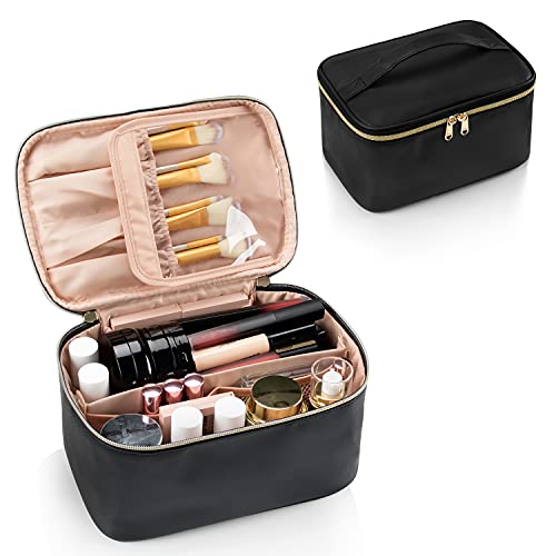 OCHEAL Large Makeup Bag for Women - Travel Cosmetic Organizer with Handle & Divider - Portable Toiletry Bag for Girls - Perfect for Travel, Gym, and Daily Use - Black Waterproof Makeup Case
