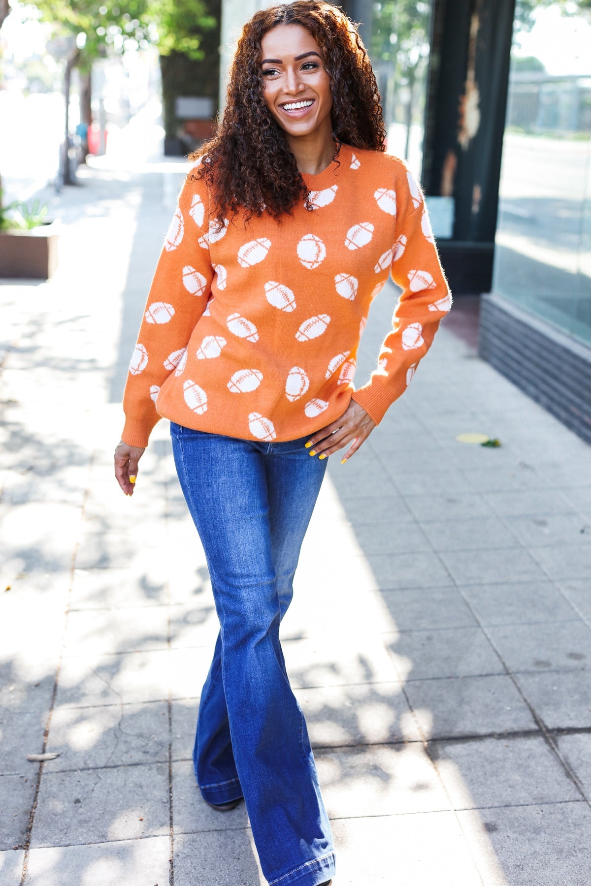 Game Day Orange Football Print Jacquard Knit Sweater - Stylish Sports Fan Apparel for Football Games, Tailgating & Casual Wear