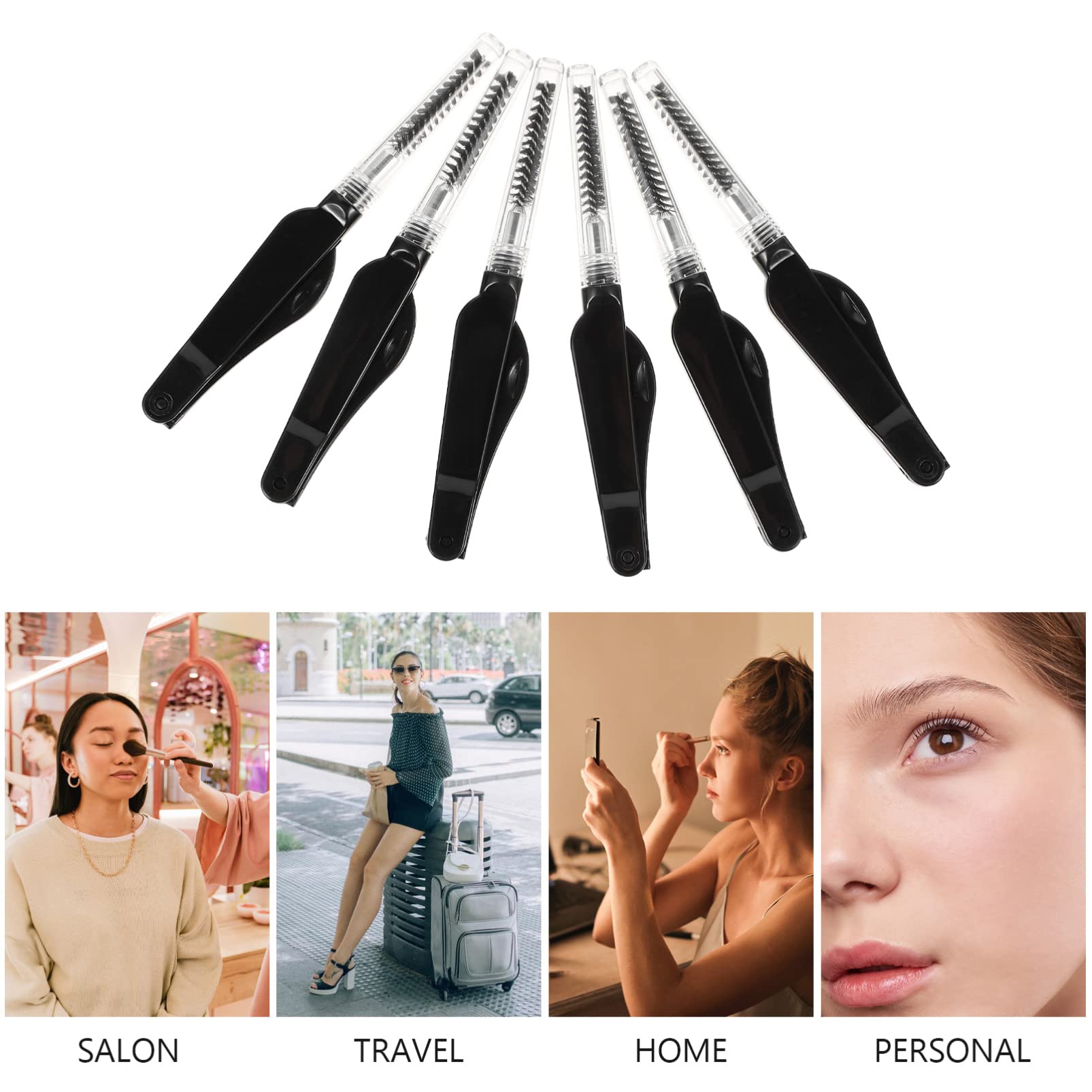 FRCOLOR 6-Piece Black Folding Eyelash & Eyebrow Brush Set - Double Ended Makeup Tools for Eyebrow Combing & Lash Styling | Perfect for Travel, Daily Makeup & Professional Beauty Kits