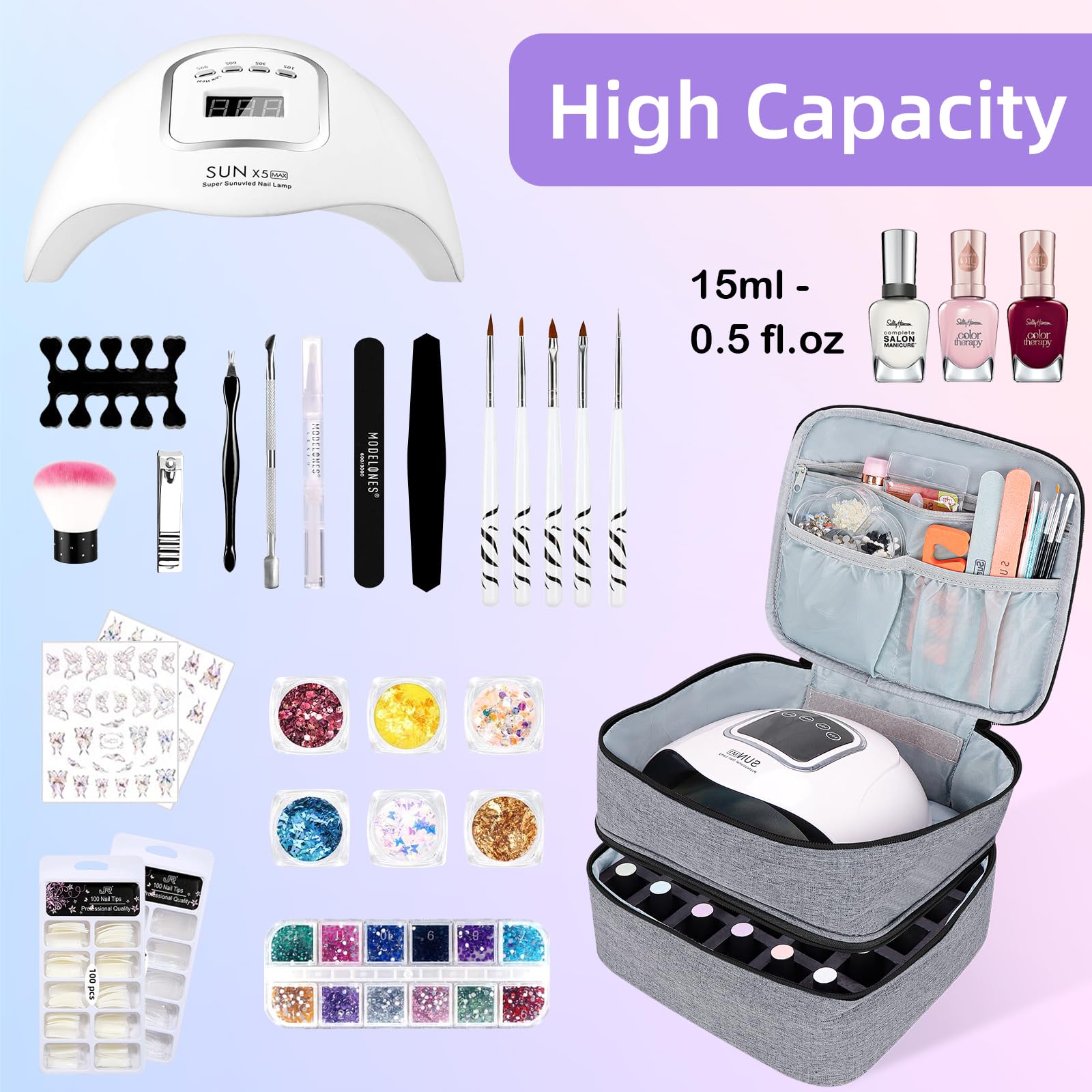 Double Layer Nail Polish Organizer Case - Holds 30 Bottles (15ml/0.5oz) for Nail Dryer Lamp - Portable Nail Storage for Nail Tech & Salon Professionals - Gray - Perfect for Travel, Home & Professional Salon Use