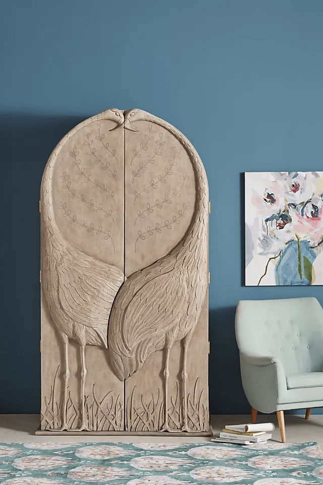 Hand Carved Armoire with Two Cranes Design - Antique Wardrobe for Bedroom & Living Room Storage | Vintage Wooden Cabinet for Home Decor
