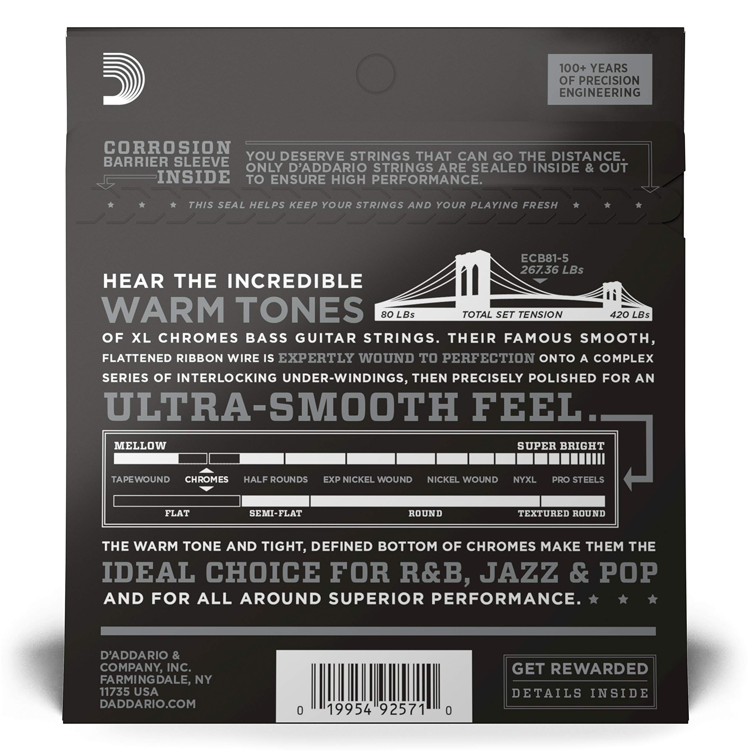 D'Addario XL Chromes Flat Wound Bass Guitar Strings - ECB81-5 - 5 String Set - Long Scale - Regular Light Gauge (45-132) - Smooth Feel & Warm Tone - Perfect for Jazz, Blues & Studio Recording